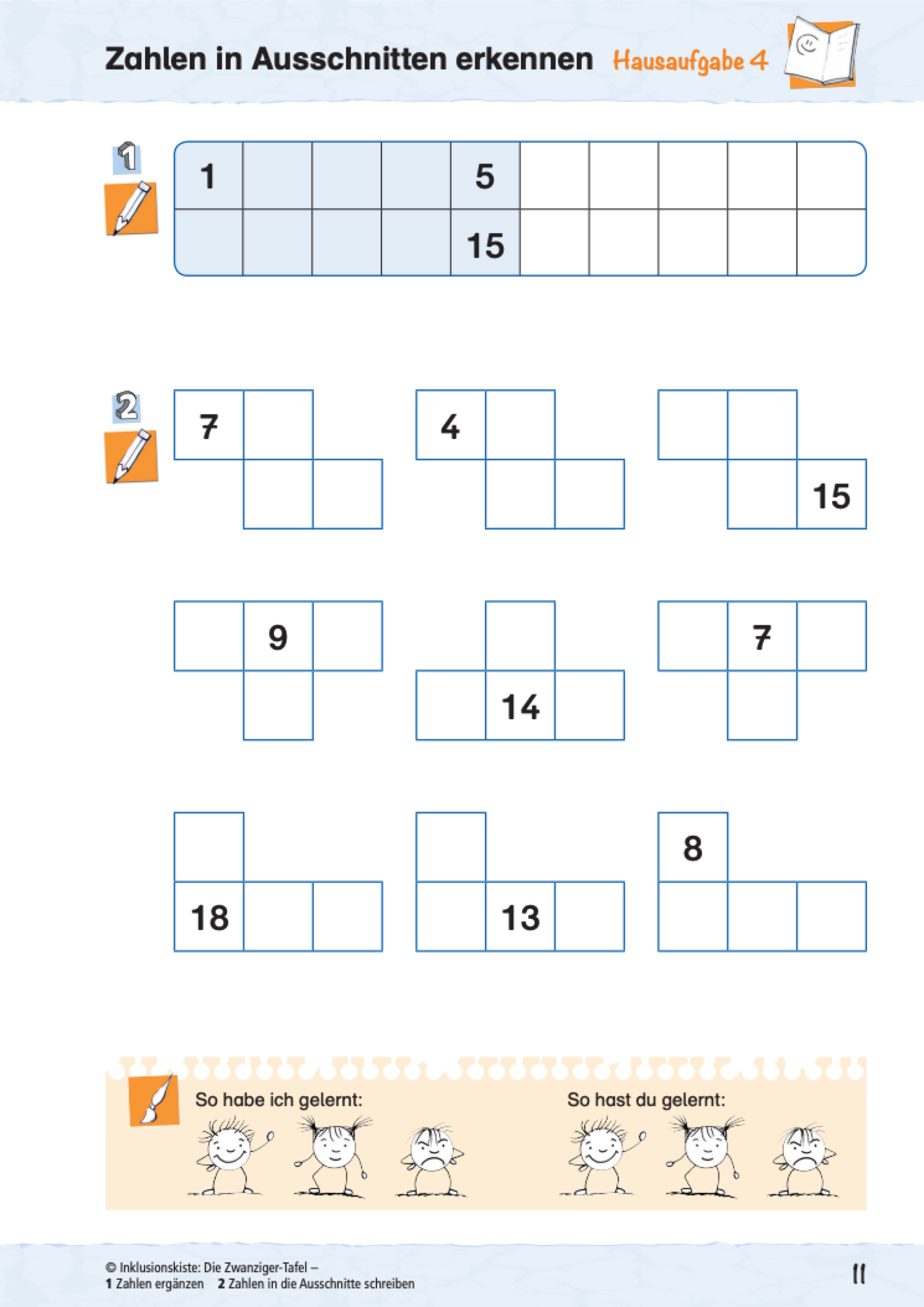 Arbeitsblatt mit Ausschnitten aus der Zwanziger Tafel