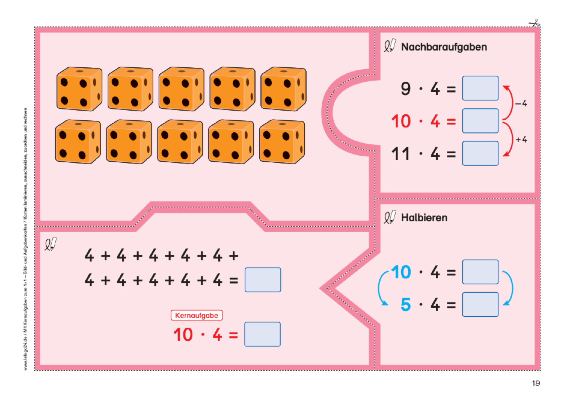in Arbeitsblatt im Puzzle-Format für Grundschüler zeigt zehn Würfel, die jeweils vier Punkte auf der Oberseite haben. Es enthält Multiplikationsaufgaben in drei Bereichen: Nachbaraufgaben, Kernaufgaben und eine Aufgabe mit Addition, um das Verständnis von Multiplikation und Addition zu fördern.