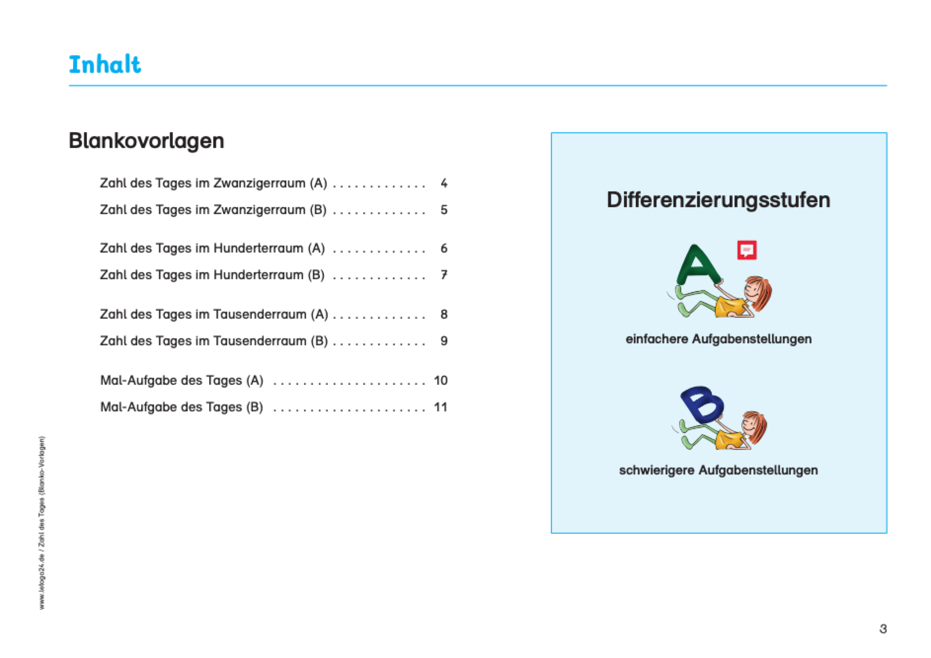 Inhaltsverzeichnis des E-Books: `Zahl des Tages - Blanko-Vorlagen`