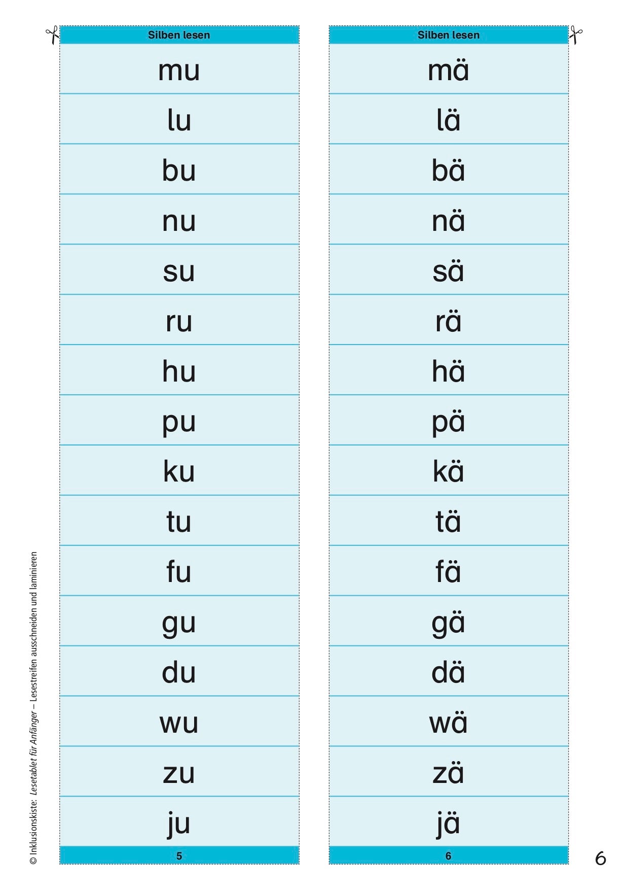 Zwei hellblaue Lesestreifen mit einfachen Silben für Leseanfänger. Der linke Streifen zeigt Silben mit dem Vokal „u“: mu, lu, bu, nu, su, ru, hu, pu, ku, tu, fu, gu, du, wu, zu, ju. Der rechte Streifen zeigt Silben mit dem Umlaut „ä“: mä, lä, bä, nä, sä, rä, hä, pä, kä, tä, fä, gä, dä, wä, zä, jä. Oben steht jeweils „Silben lesen“, unten sind die Seitenzahlen 5 und 6 der Lesesteifen notiert.