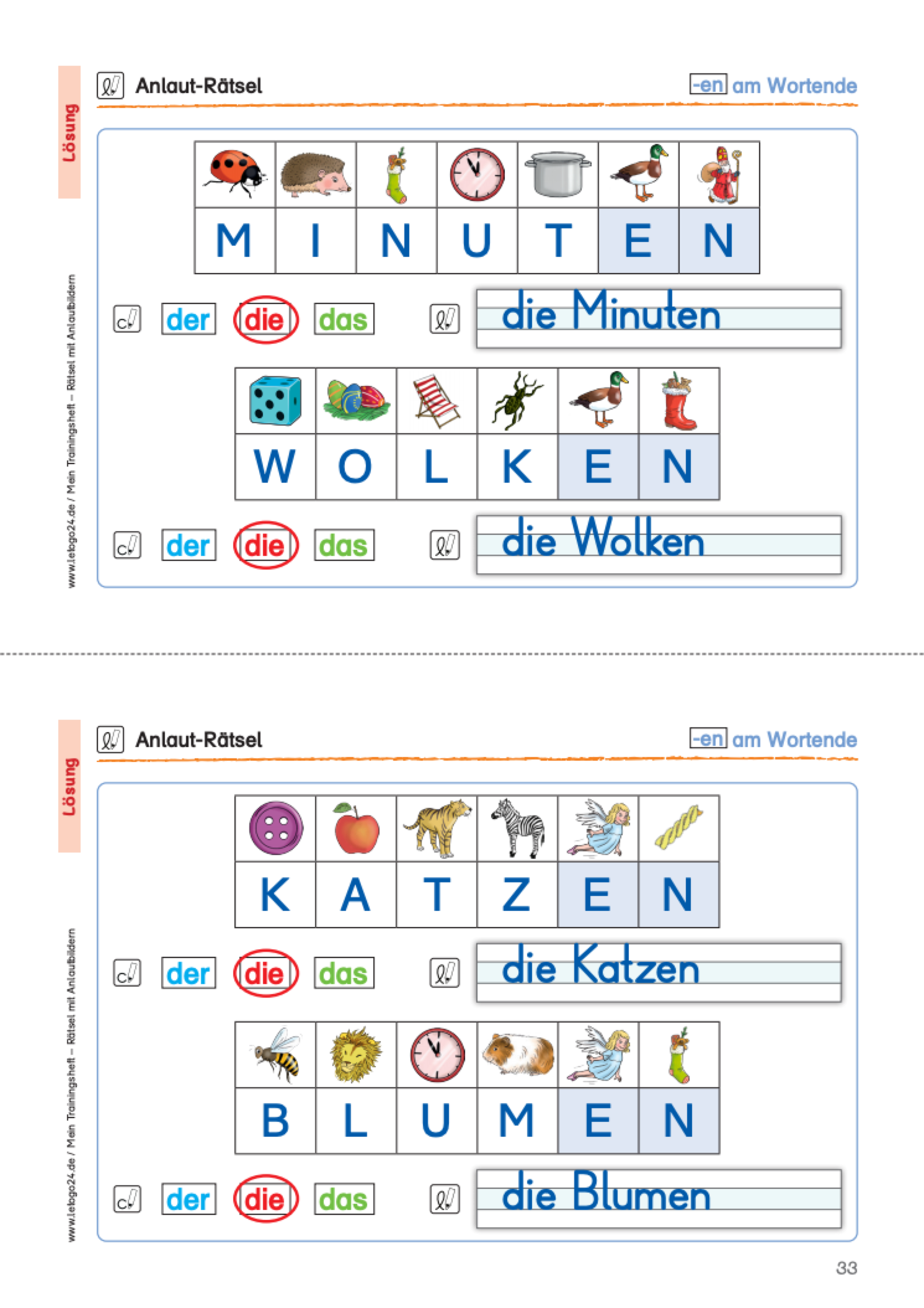 Lösungsblatt mit vier Anlaut-Rätseln und diversen Anlautbildern sowie den Lösungswörtern in Schreiblinien.