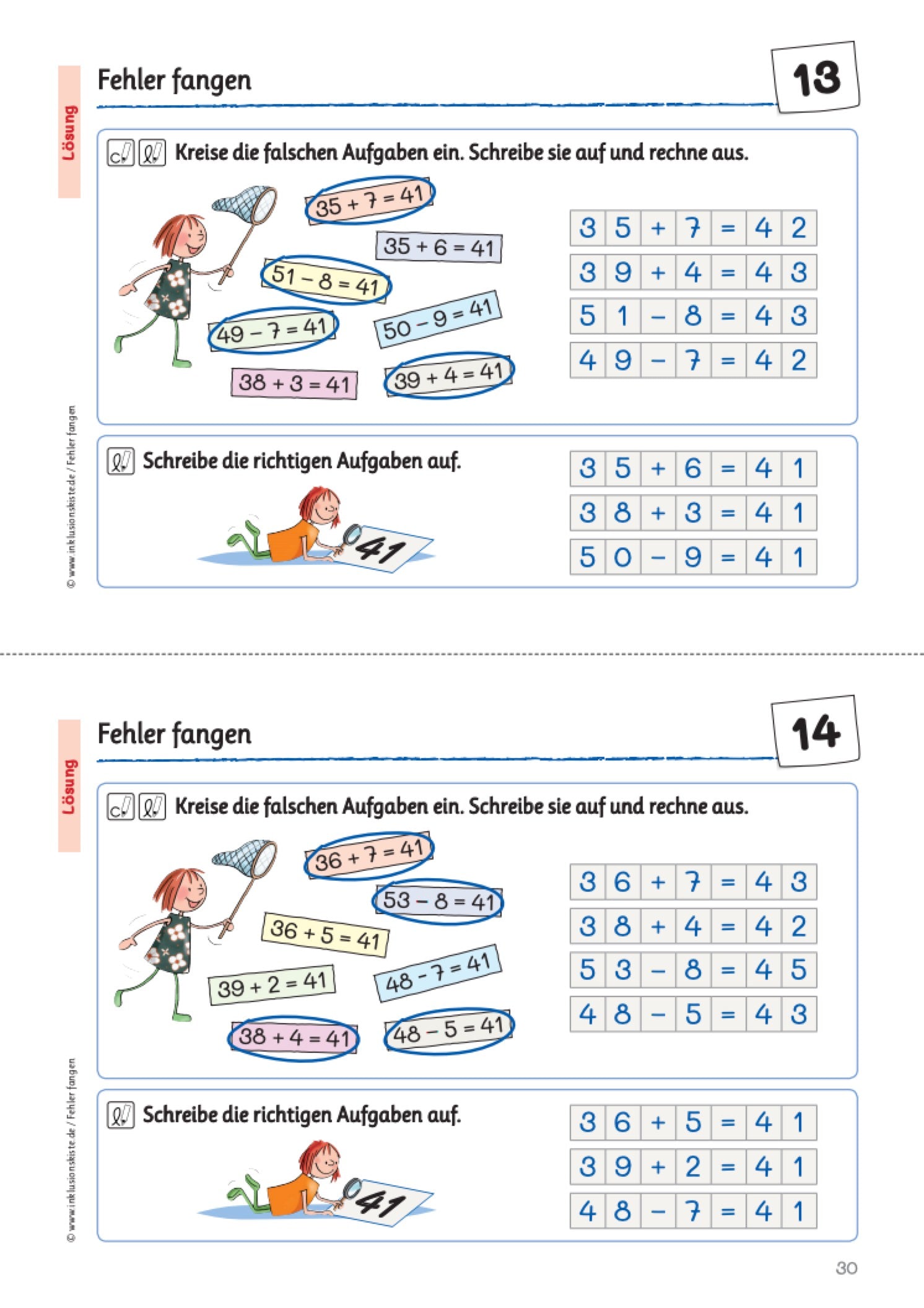Zweiteiliges Lösungsblatt fĂŒr Grundschulkinder mit dem Titel âFehler fangenâ. Auf beiden Seiten sind mehrere Rechenaufgaben abgebildet, bei denen die falschen Ergebnisse bereits eingekreist sind. Neben den Grafiken stehen die fehlerhaften Aufgaben korrekt ausgerechnet. Die Aufgaben umfassen Additions- und Subtraktionsaufgaben, die alle das Ergebnis 41 ergeben sollen.