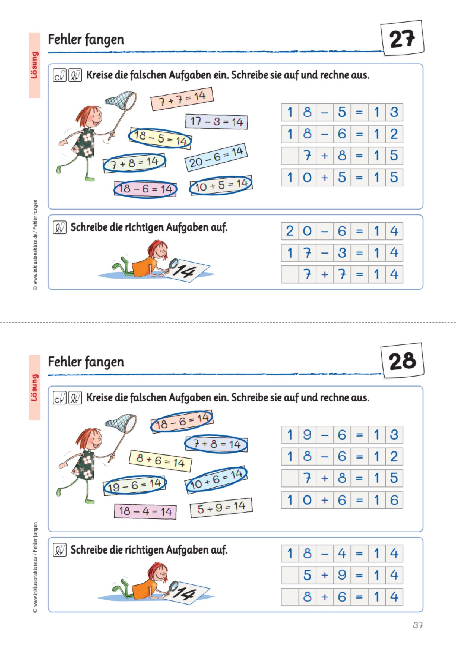 Zweiteiliges Lösungsblatt fĂŒr Grundschulkinder mit dem Titel âFehler fangenâ. Auf beiden Seiten sind mehrere Rechenaufgaben abgebildet, bei denen die falschen Ergebnisse bereits eingekreist sind. Neben den Grafiken stehen die fehlerhaften Aufgaben korrekt ausgerechnet. Die Aufgaben umfassen Additions- und Subtraktionsaufgaben, die alle das Ergebnis 14 ergeben sollen.