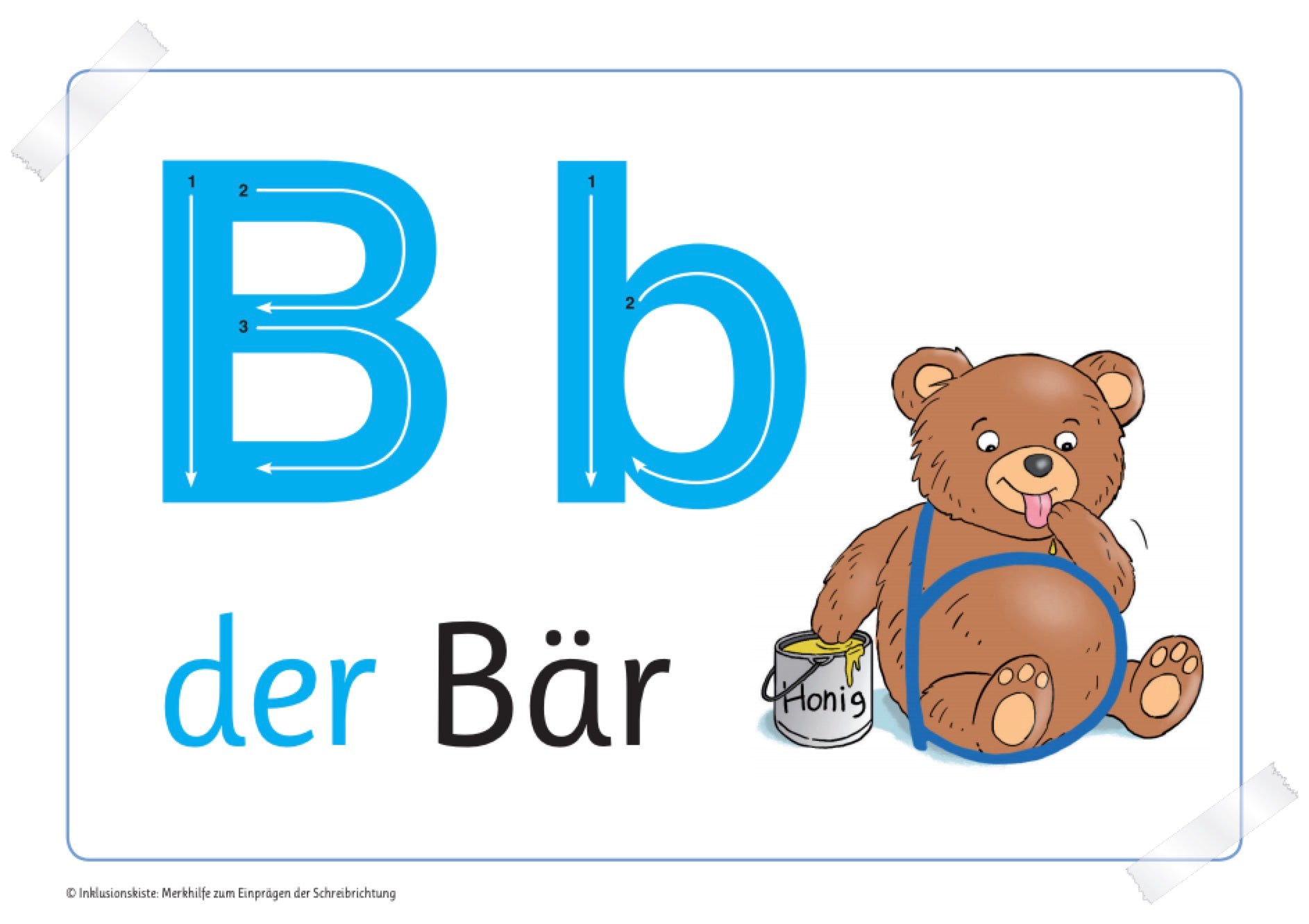 Miniposter zur Visualisierung der Schreibrichtung des klein gedruckten Buchstabens <b>. Im Bauch einer Bärengrafik ist ein kleines <b> eingezeichnet, das den Bauch des Bären nachzeichnet und auf die Schreibrichtung hinweist. Neben der Bärengrafik befinden sich die beiden Druckbuchstaben jeweils mit Schreibrichtungspfeil.