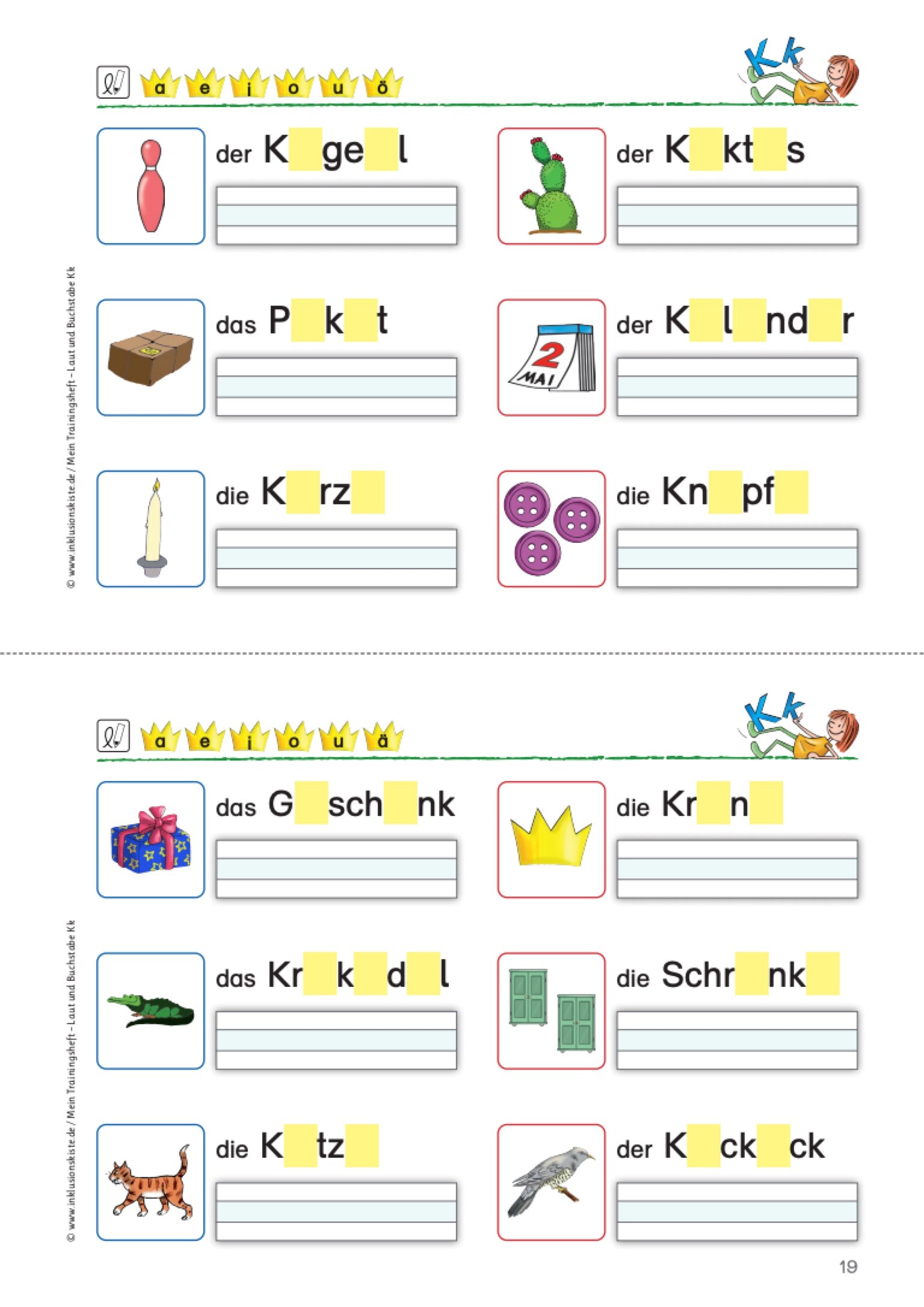 Arbeitsblatt des E-Books: `Mein Trainingsheft: Laut und Buchstabe K k` mit Bildern zum Bustaben K k. Neben den Bildern steht das Wort zum Bild jedoch ohne Vokale. Darunter ist eine kurze Schreibzeile zum Abschreiben des Wortes gesetzt.