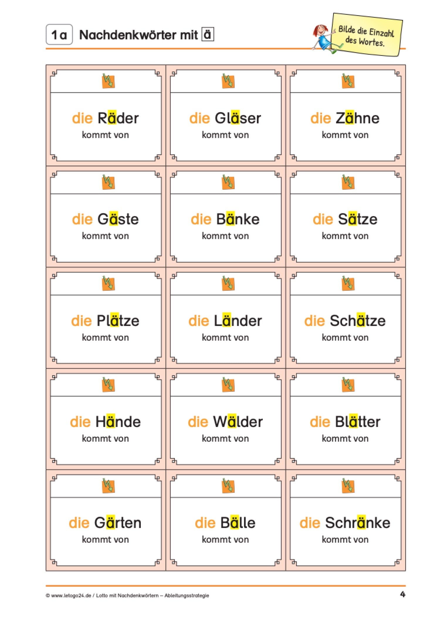 Arbeitsblatt eines Lottospiels von Letogo24 mit 15 Nachdenkwörtern