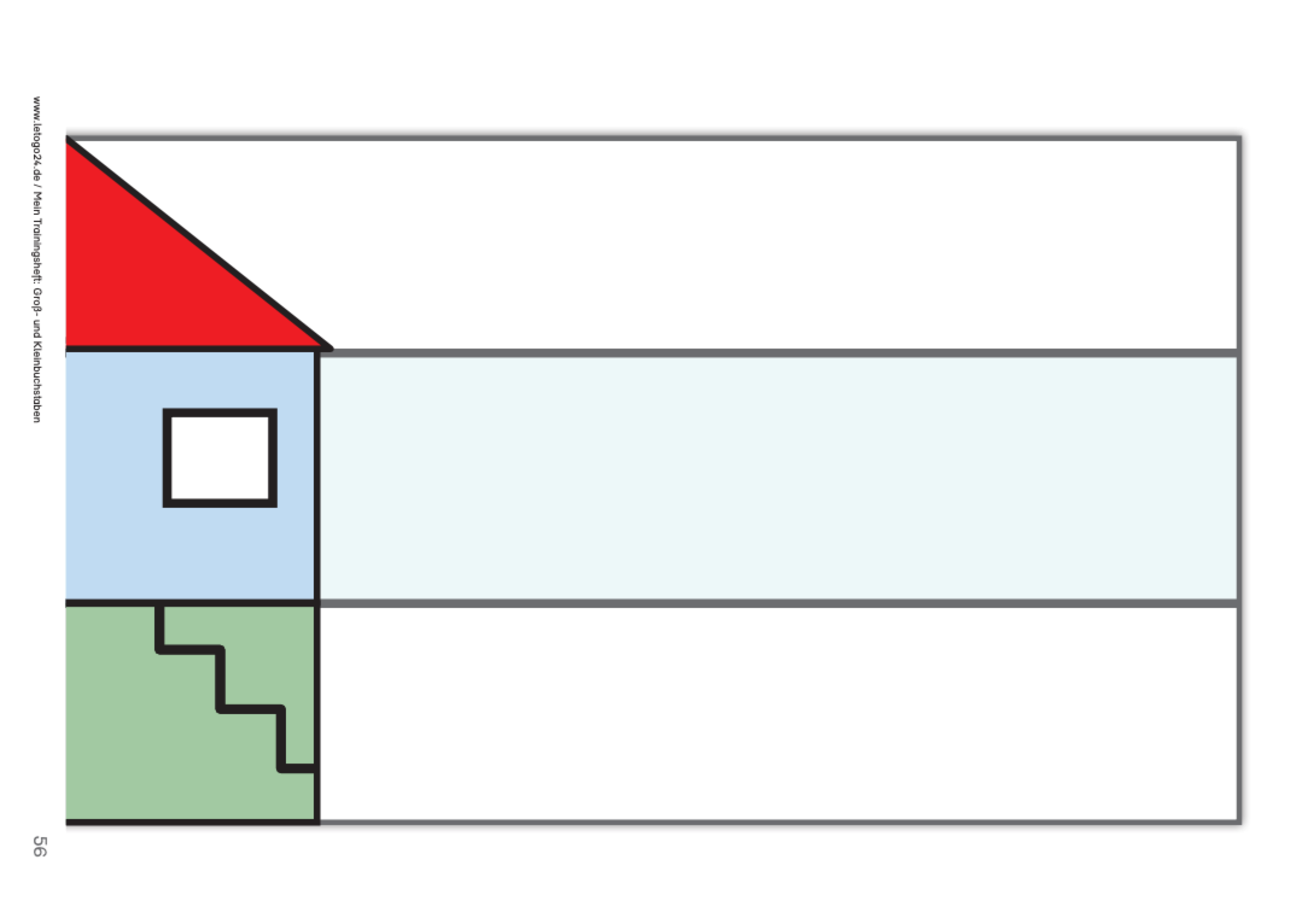 Dreigliedriger Ausschnitt einer Schreiblinie für die Tafelarbeit aus dem E-Book: `Mein Trainingsheft: Groß- und Kleinbuchstaben` Am Zeilenanfang befindet sich eine Hausabbildung, die die verschiedenen Bereiche der Schreiblinie symbolisieren.
