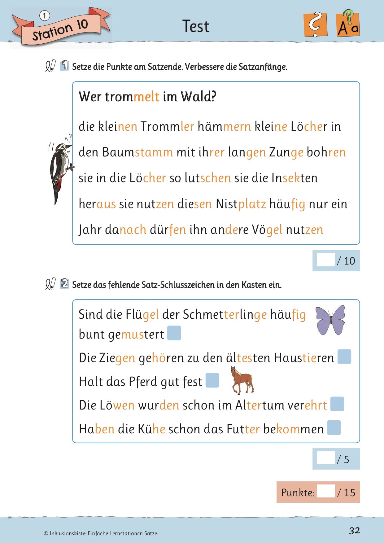 Test aus dem E-Books: `Einfache Lernstationen: Sätze` mit zwei Testaufgaben zum Erkennen der Satzschlusszeichen.