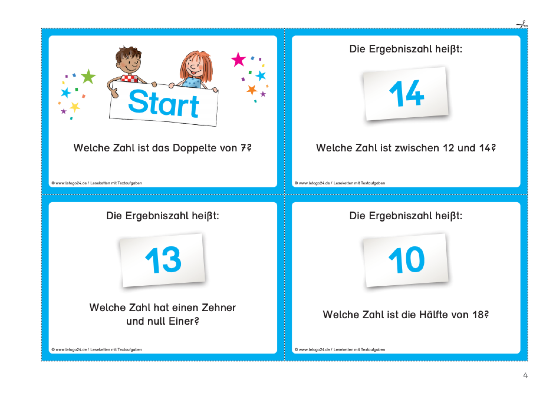 Vier Teile einer Lesekette von Letogo24 mit einfachen Textaufgaben im Zahlenraum bis 20. In der Mitte der Aufgabenkarten steht jeweils die Ergebniszahl:1 4, 13 und 10. Die oberen linke Aufgabenkarte ist die Startkarte. Zwei gezeichnete Kinder halten eine Karte mit der Aufschrift :`Start`.