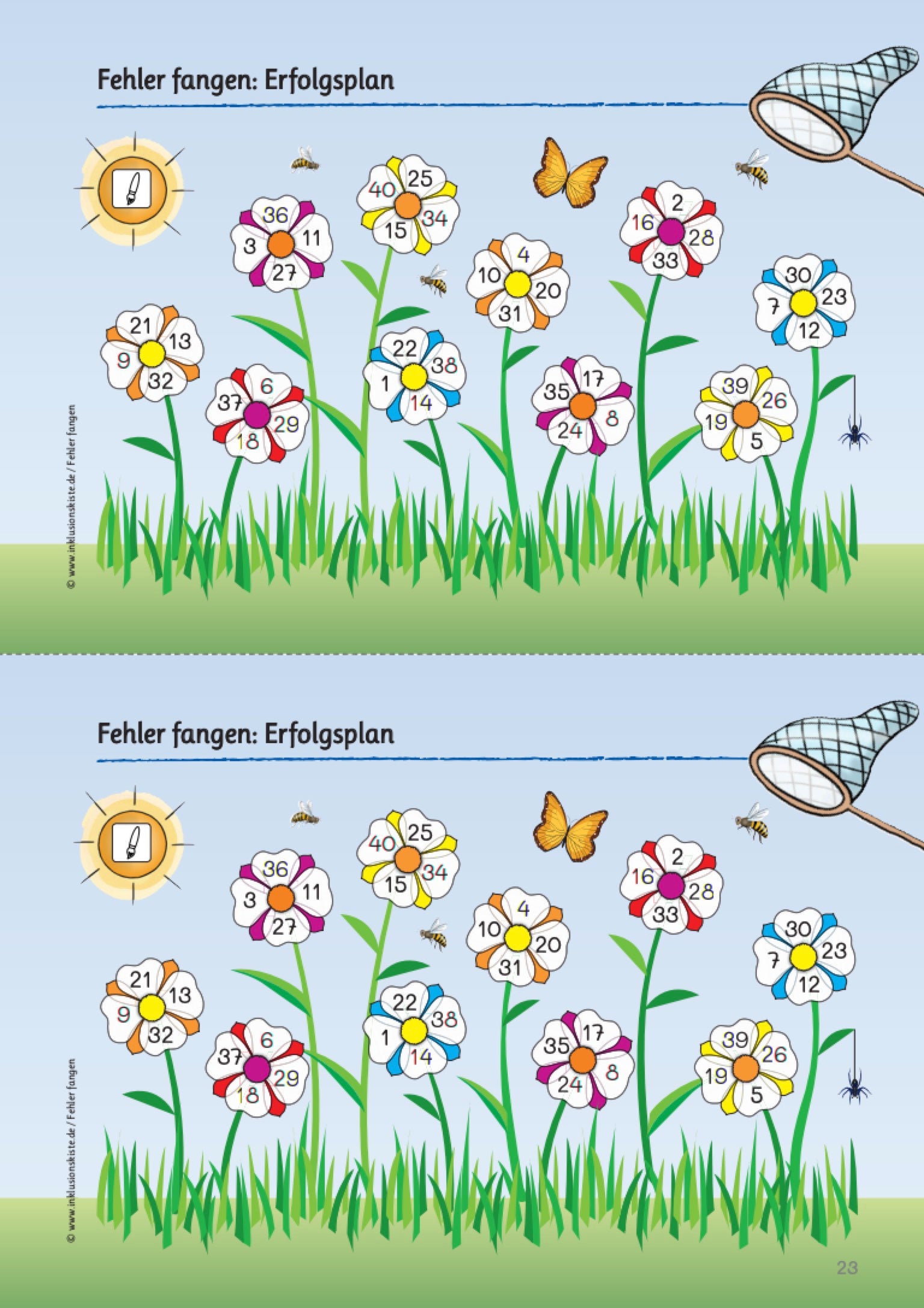 Zwei identische ErfolgsplĂ€ne fĂŒr Grundschulkinder mit dem Titel âFehler fangenâ. Beide zeigen eine bunte Wiese mit Blumen, deren BlĂŒtenblĂ€tter jeweils Zahlen enthalten. Zwischen den Blumen sind Grashalme, Insekten und ein Fangnetz zu sehen. Die Kinder malen die BlĂŒtenblĂ€tter mit den Zahlen an, deren ArbeitsblĂ€tter sie bereits gelöst haben.