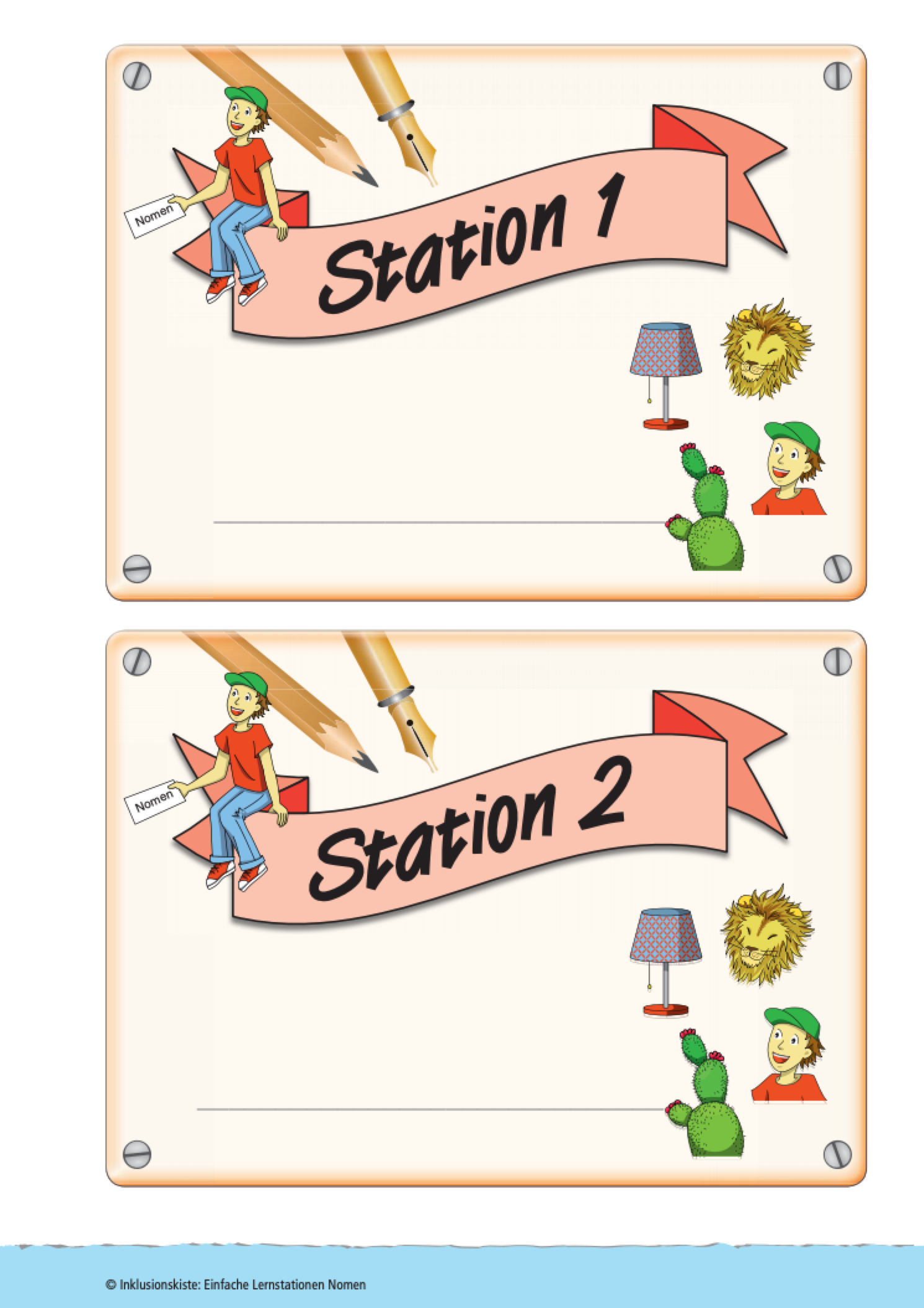 Zwei Stationsschilder mit für Lernstationen 1 und 2 mit kindgerechten Illustrationen zum Thema Nomen.