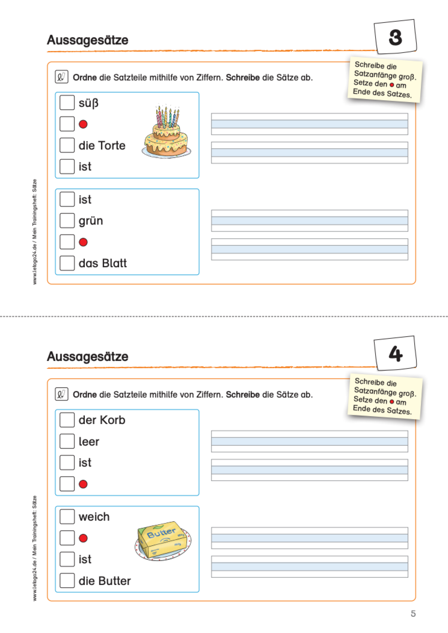 Zweiteiliges Arbeitsblatt aus dem E-Book ‚Mein Trainingsheft: Sätze‘ mit zwei Übungen zum Zusammensetzen vorgegebener Satzteile zu vollständigen Aussagesätzen.