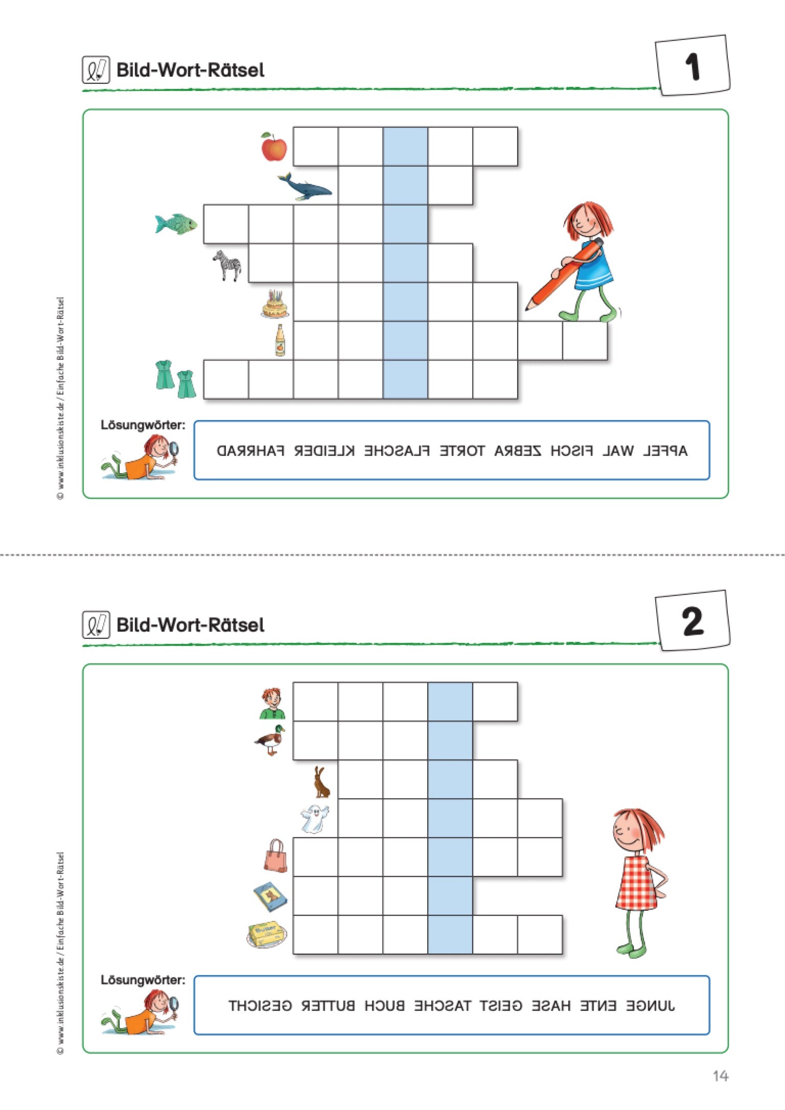 Zweiteiliges Arbeitsblatt mit Bild-Wort- RÀtseln des E-Books: `Einfache Bild-Wort-RÀtsel` Auf dem Arbeitsblatt sind zwei Bild-Wort- RÀtseln mit kleinen Bildern vor den KÀstchenreihen der RÀtsel. Die Lösungswörter befinden sich unten spiegelverkehrt in einem Kasten.