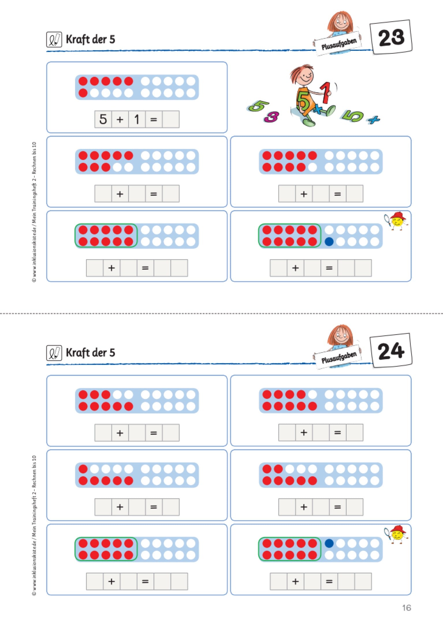 Zweiteiliges Arbeitsblatt des E-Books : `Meine Trainingshefte 2` mithilfe von Zwanziger-Punktfeldern werden Additionsaufgaben zur `Kraft der Fünf` visualisiert.