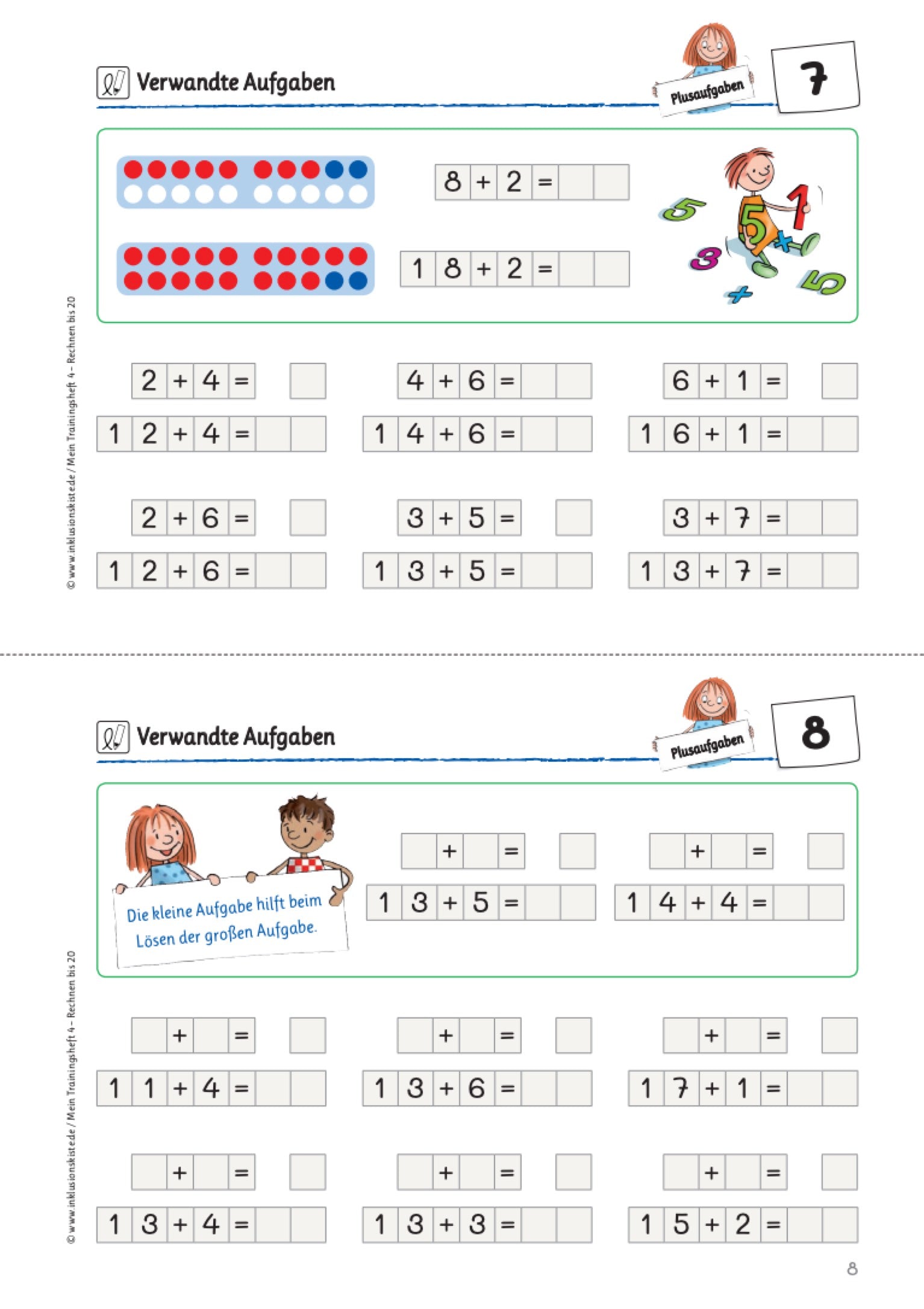 Zweiteiliges Arbeitsblatt des E-Books : `Meine Trainingshefte 4` mithilfe von Zwanziger-Punktfeldern werden verwandte Additionsaufgaben visualisiert.