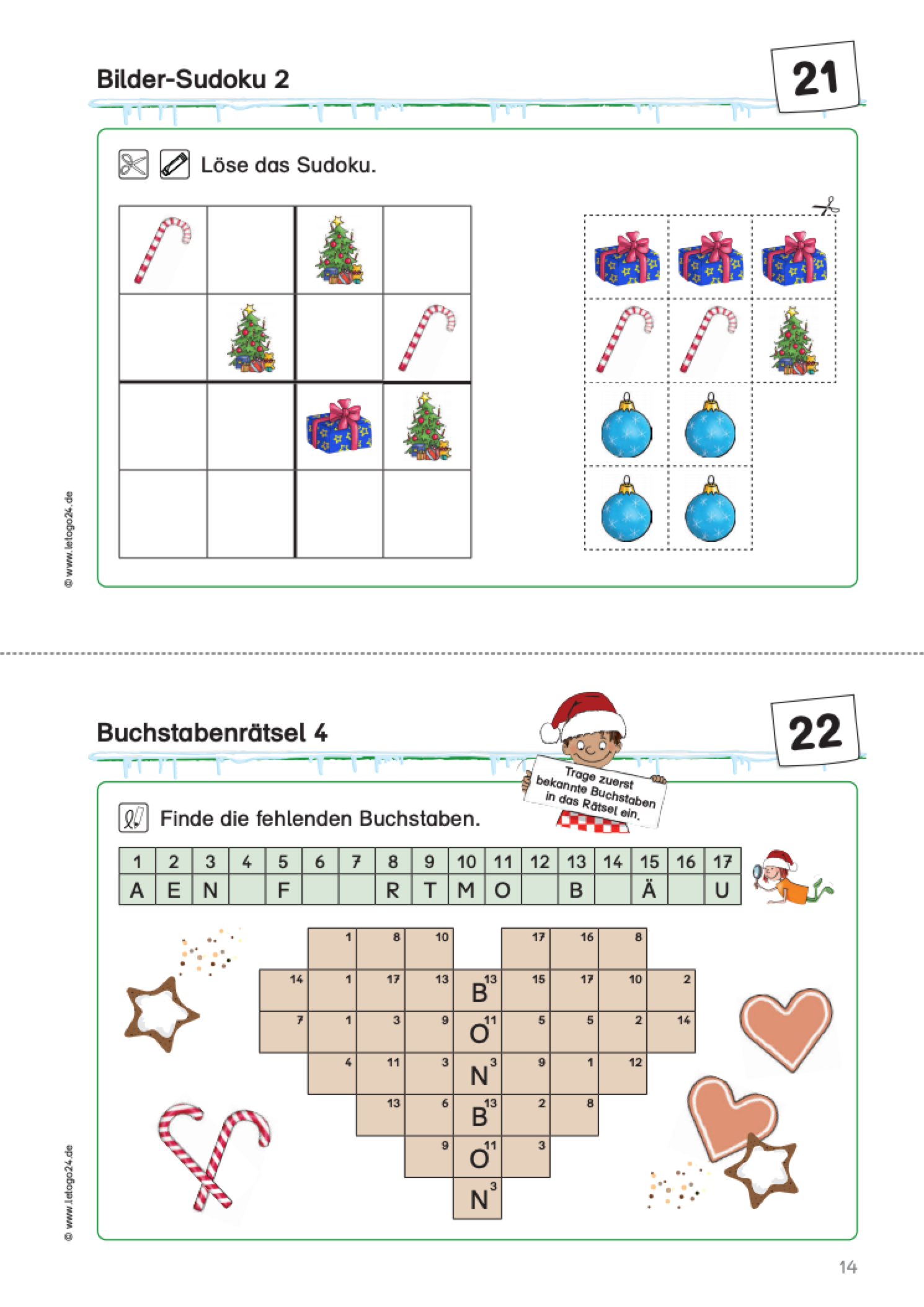 Zweiteiliges Arbeitsblatt des Materialpaketes: `Lesen und Knobeln im Advent` mit einem Bilder-Sudoku und einem Buchstabenrätsel in Herzform.