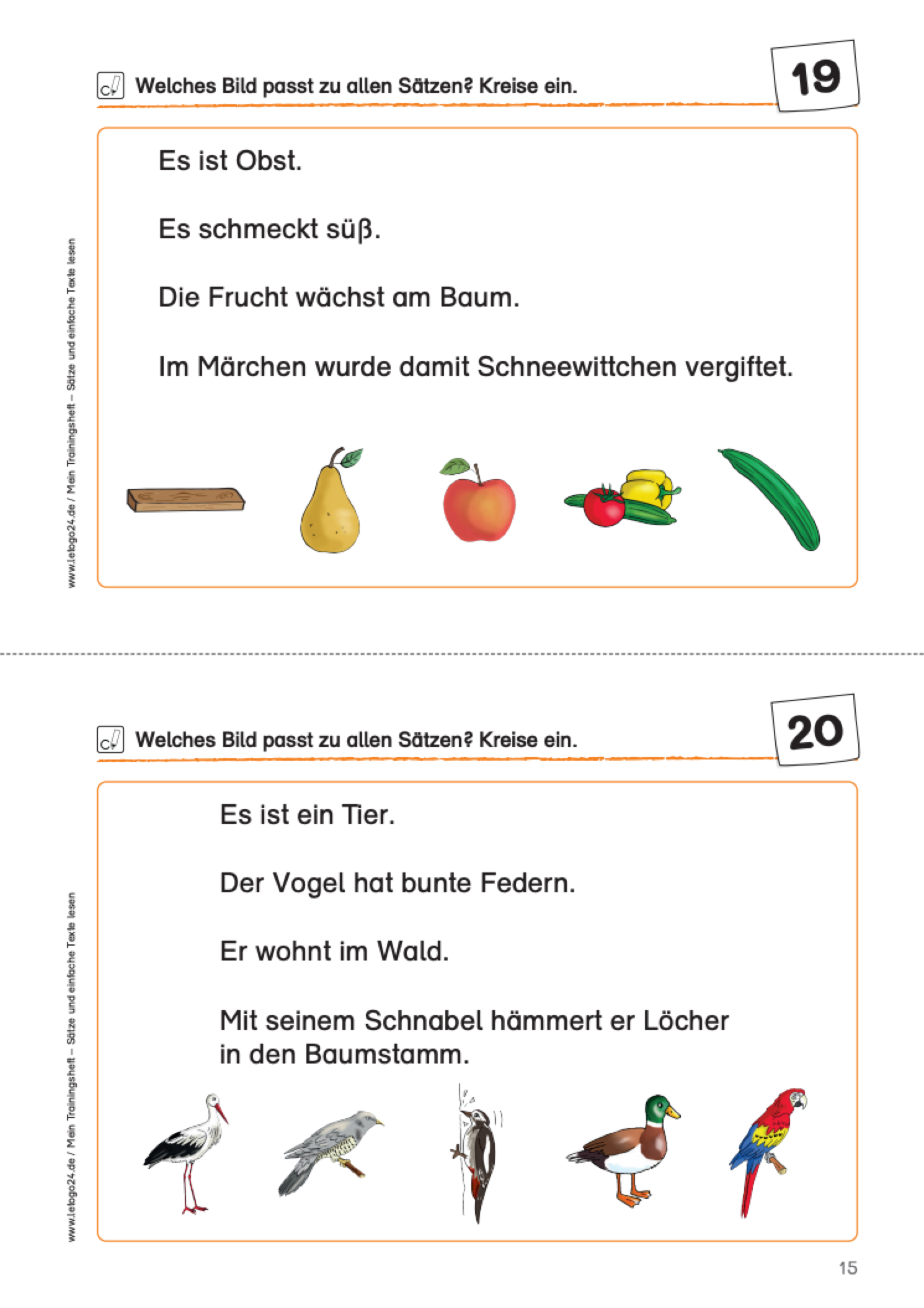 Zweiteiliges Arbeitsblatt des Materialpaketes: `Trainingshefte Lesen` mit Übungen zur Text- und Bildzuordnung.