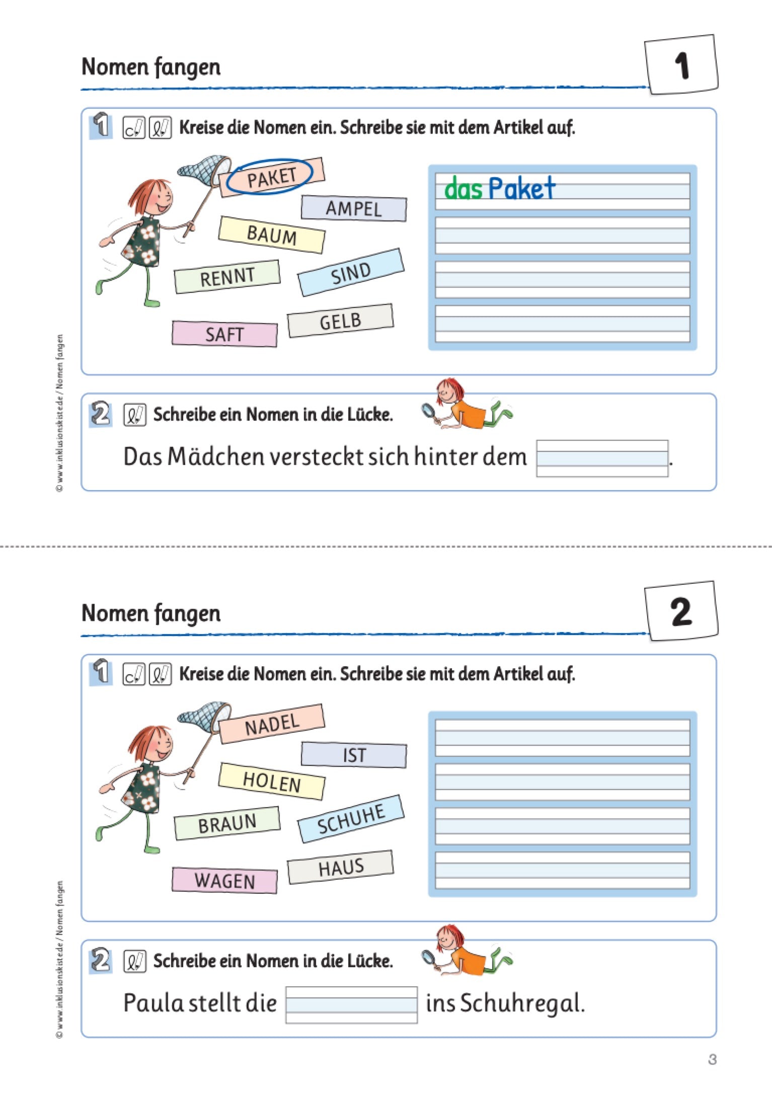Zweiteiliges Arbeitsblatt des E-Books: `Nomen fangen` mit Schreibzeilen und einer gezeichneten Grafik. Eine Mädchen fängt mit einem Kescher in der Luft fliegende Wörter. Dabei müssen die Schüler aus insgesamt sieben großgeschriebenen Wörtern Nomen erkennen und aufschreiben.