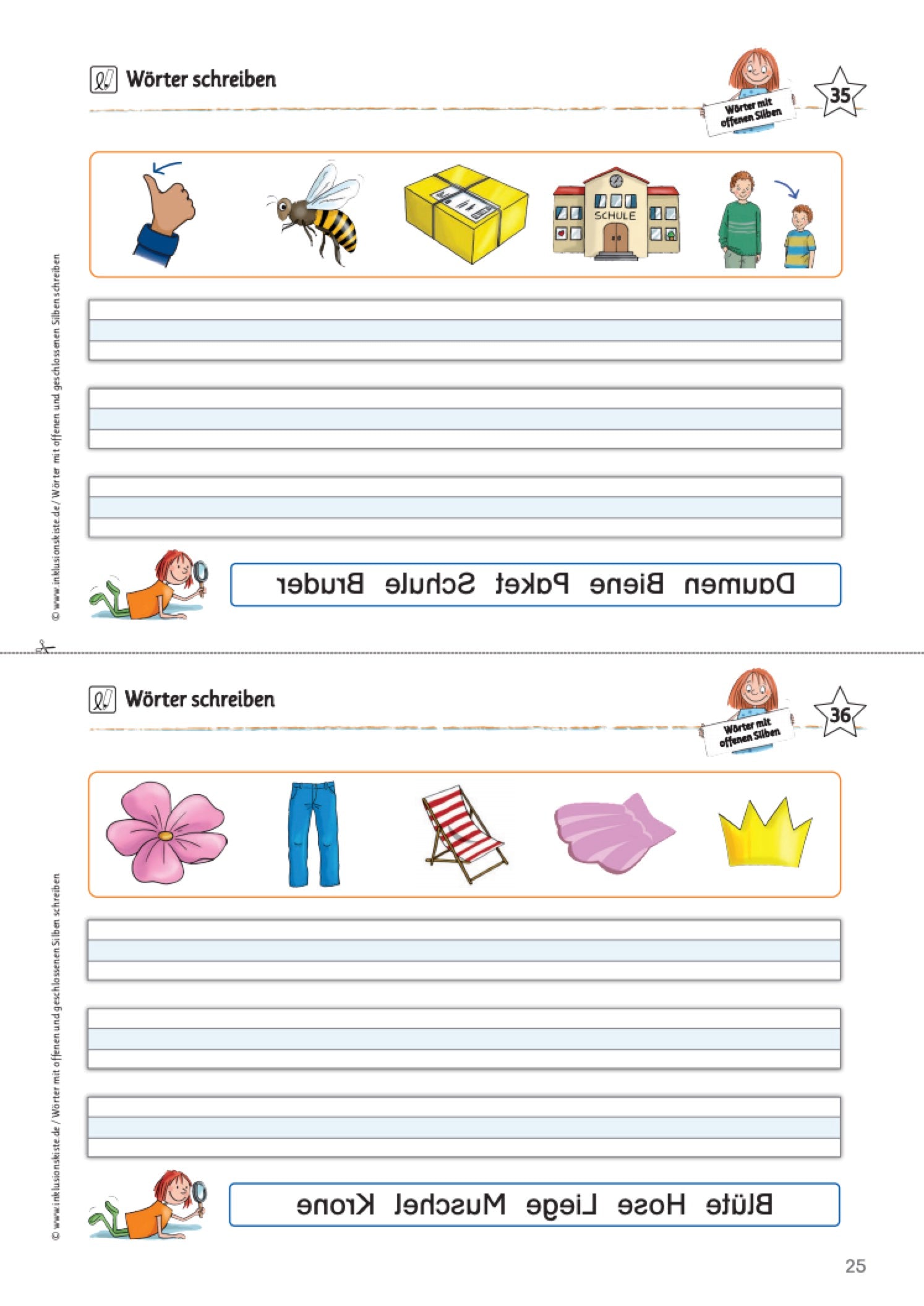 Zweiteiliges Arbeitsblatt mit Schreibzeilen und fünf gezeichneten Grafik. Dabei müssen die Schüler:innen müssen die Wörter in die Schreibzeilen schreiben und anschließend mit den spiegelverkehrt gesetzten Lösungsörtern unten vergleichen.