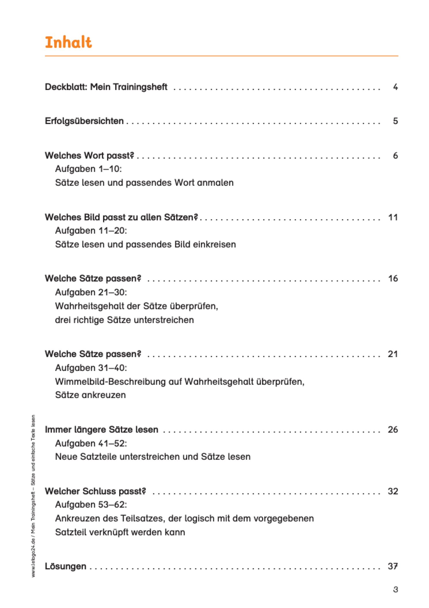 Zweites Inhaltsverzeichnis des Materialpakets ‚Trainingshefte Lesen‘ mit einer Übersicht der enthaltenen Leseübungen – von ‚Welches Bild passt zu allen Sätzen?‘ über ‚Welche Sätze passen?` finden‘ oder `Welcher Schluss passt?`.