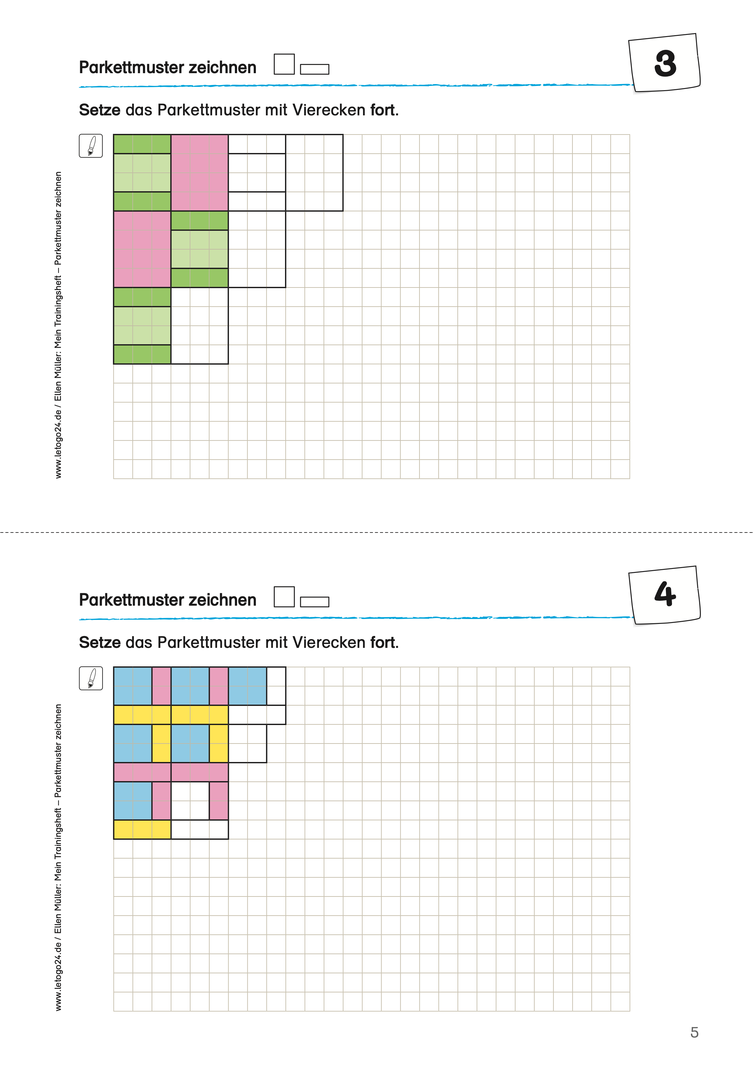 Zweiteiliges Arbeitsblatt „Parkettmuster zeichnen“ für den Geometrieunterricht. Aufgabe 3: Ein buntes Muster aus Vierecken in Rosa, Hellgrün und Grün soll auf kariertem Papier fortgesetzt werden. Aufgabe 4: Ein weiteres Parkettmuster aus blauen, gelben und rosafarbenen Rechtecken soll fortgesetzt werden. Beide Übungen fördern das Erkennen und Weiterführen von Mustern.