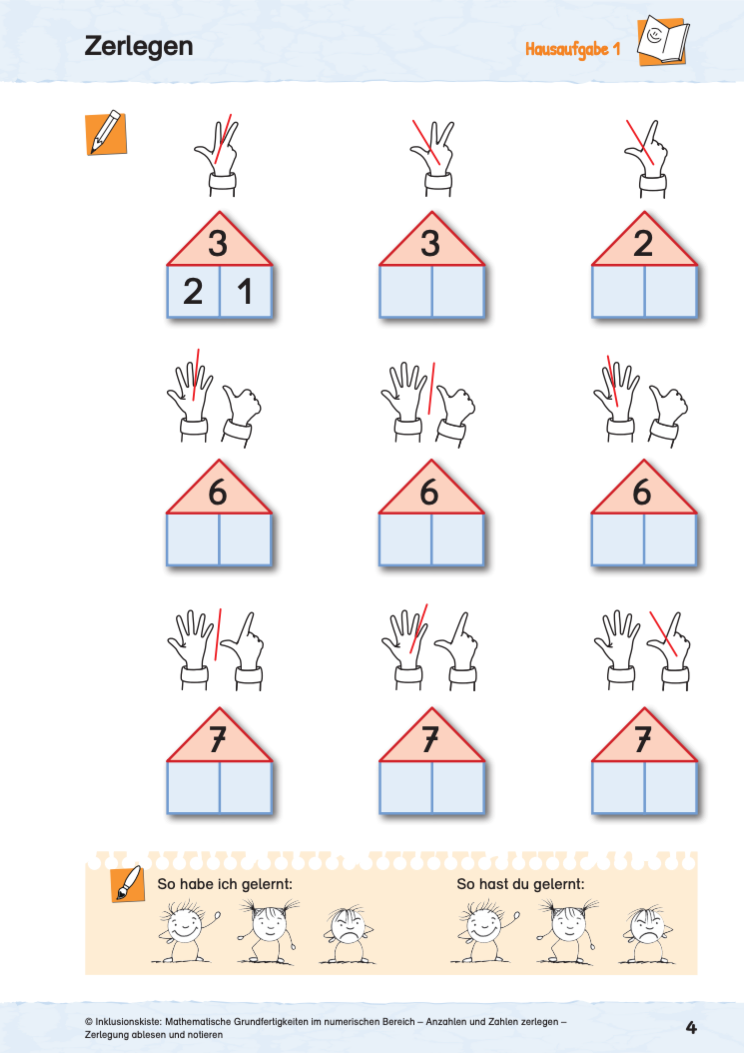 Das Arbeitsblatt des E-Books: `Anzahlen und Zahlen zerlegen` zeigt Zerlegungsaufgaben, die mit Fingerbildern visualisiert werden. Die Zerlegung wird mit einen roten Strich durch die Finger dargestellt , um die Zerlegung zu verdeutlichen. Unter den Fingerbildern ist jeweils das entsprechende Zahlenhaus abgebildet.