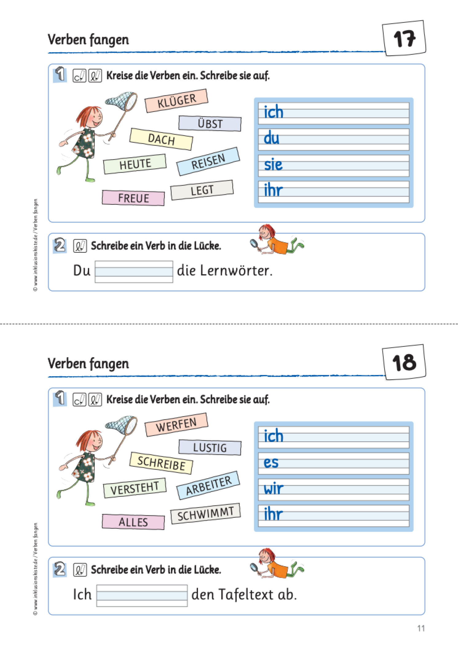 weiteiliges Arbeitsblatt mit Schreibzeilen und einer gezeichneten Grafik. Ein Mädchen fängt mit einem Kescher in der Luft fliegende Wörter. Dabei müssen die Schüler aus insgesamt sieben großgeschriebenen Wörtern Verben erkennen und aufschreiben