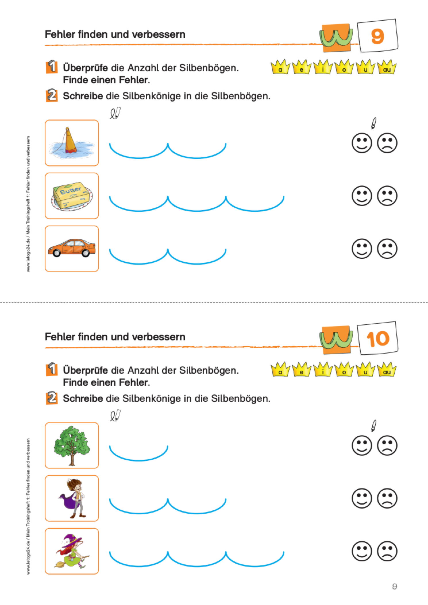 Zweiteiliges Arbeitsblatt mit Bildern und dazugehörigen Silbenbögen aus dem E-Book: "Mein Trainingsheft 1: Fehler finden und verbessern". Neben den Silbenbögen sind jeweils ein lachender und trauriger Smiley abgebildet, die zum Überprüfen und Anmalen der richtigen Silbenanzahl genutzt werden sollen.