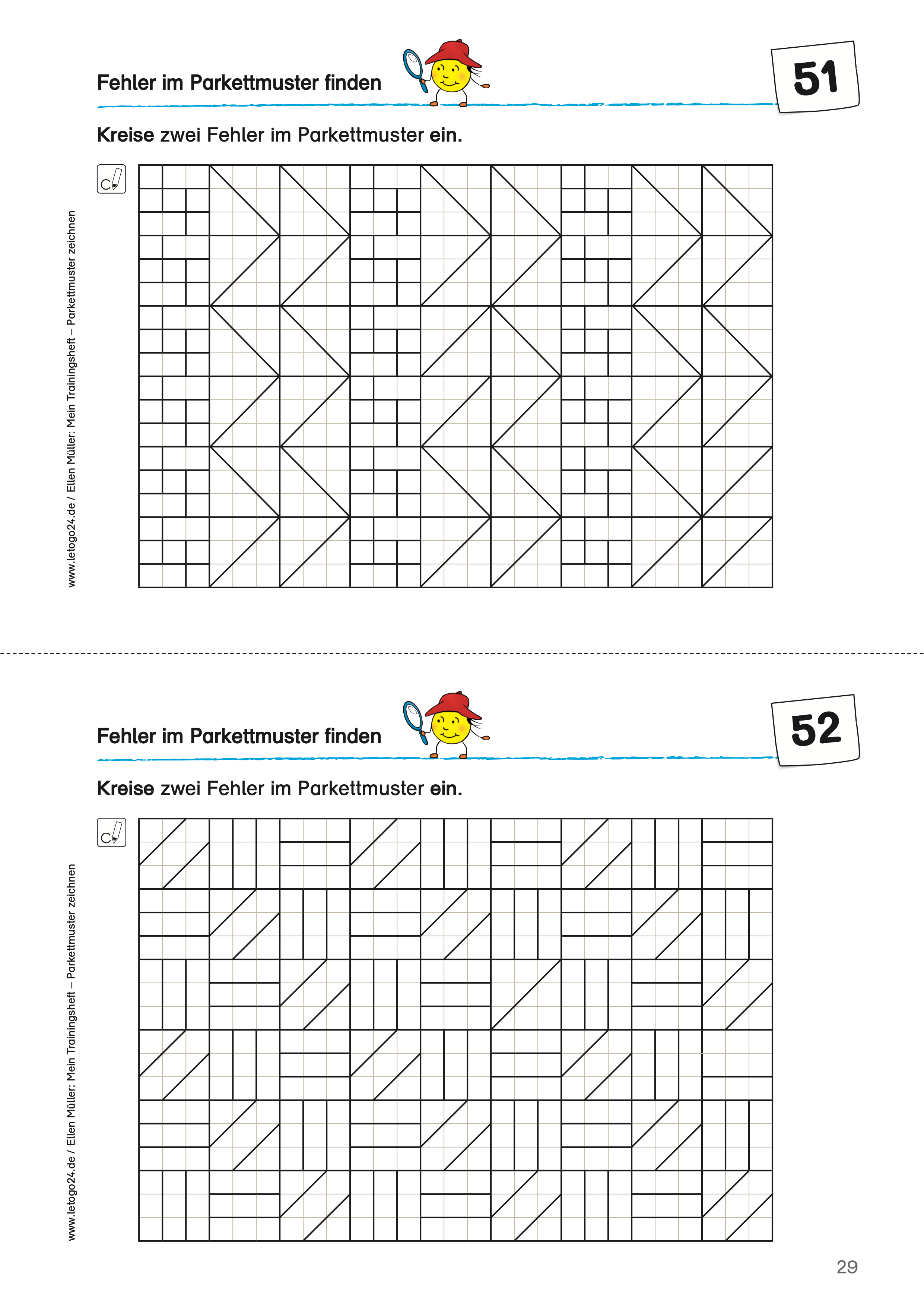Zweiteiliges Arbeitsblatt „Parkettmuster zeichnen“ für den Geometrieunterricht. In zwei  fehlerhaften Parkettmustern bestehend aus verschiedenen  Vierecken und Dreiecken  sollen Fehler erkannt und markiert werden. Beide Übungen fördern das Erkennen und Weiterführen von Mustern.