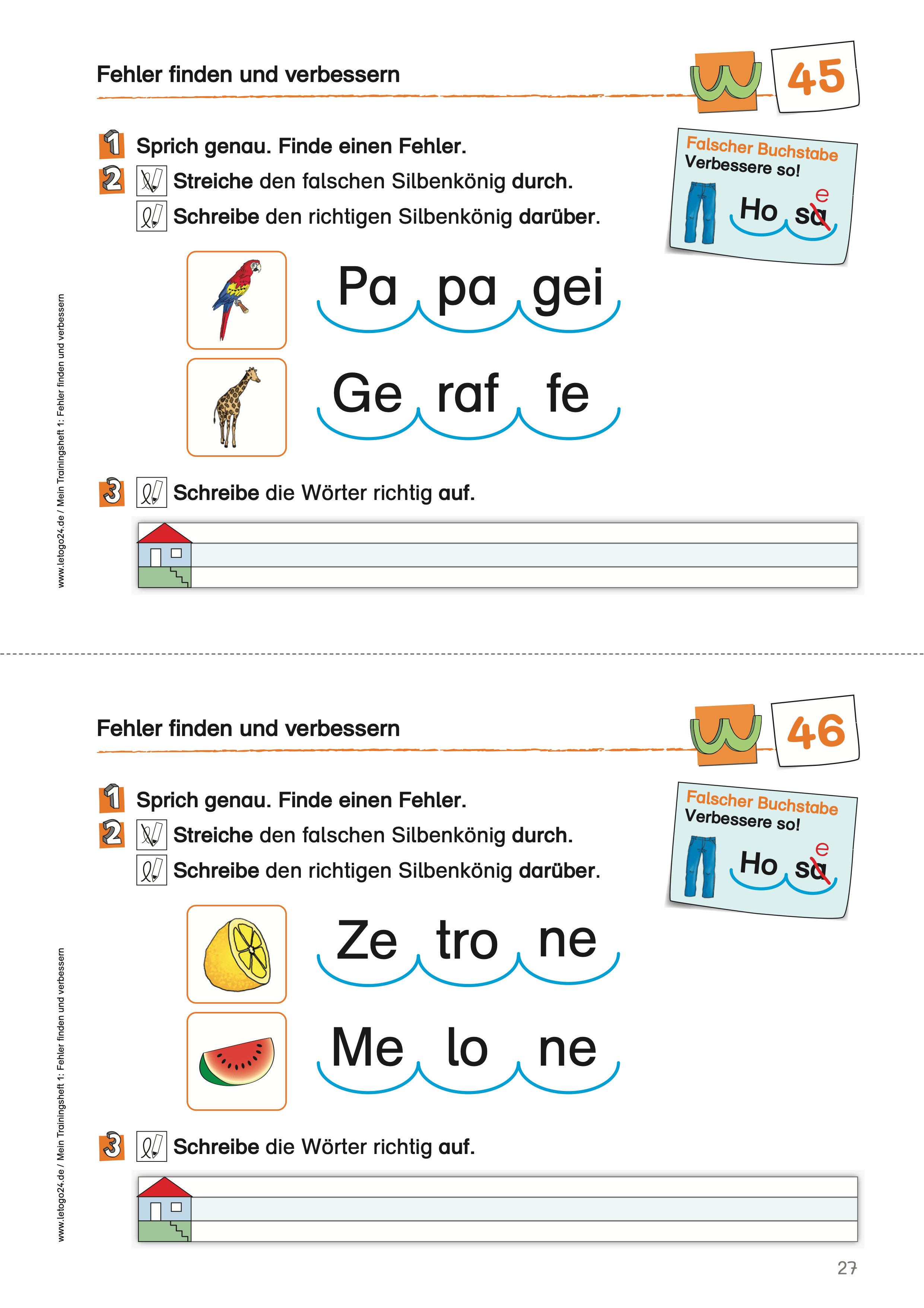 Arbeitsblatt für Erstklässler: Kinder finden Fehler in Silben (z. B. Papagei, Giraffe, Zitrone, Melone), korrigieren sie und schreiben die Wörter richtig auf.