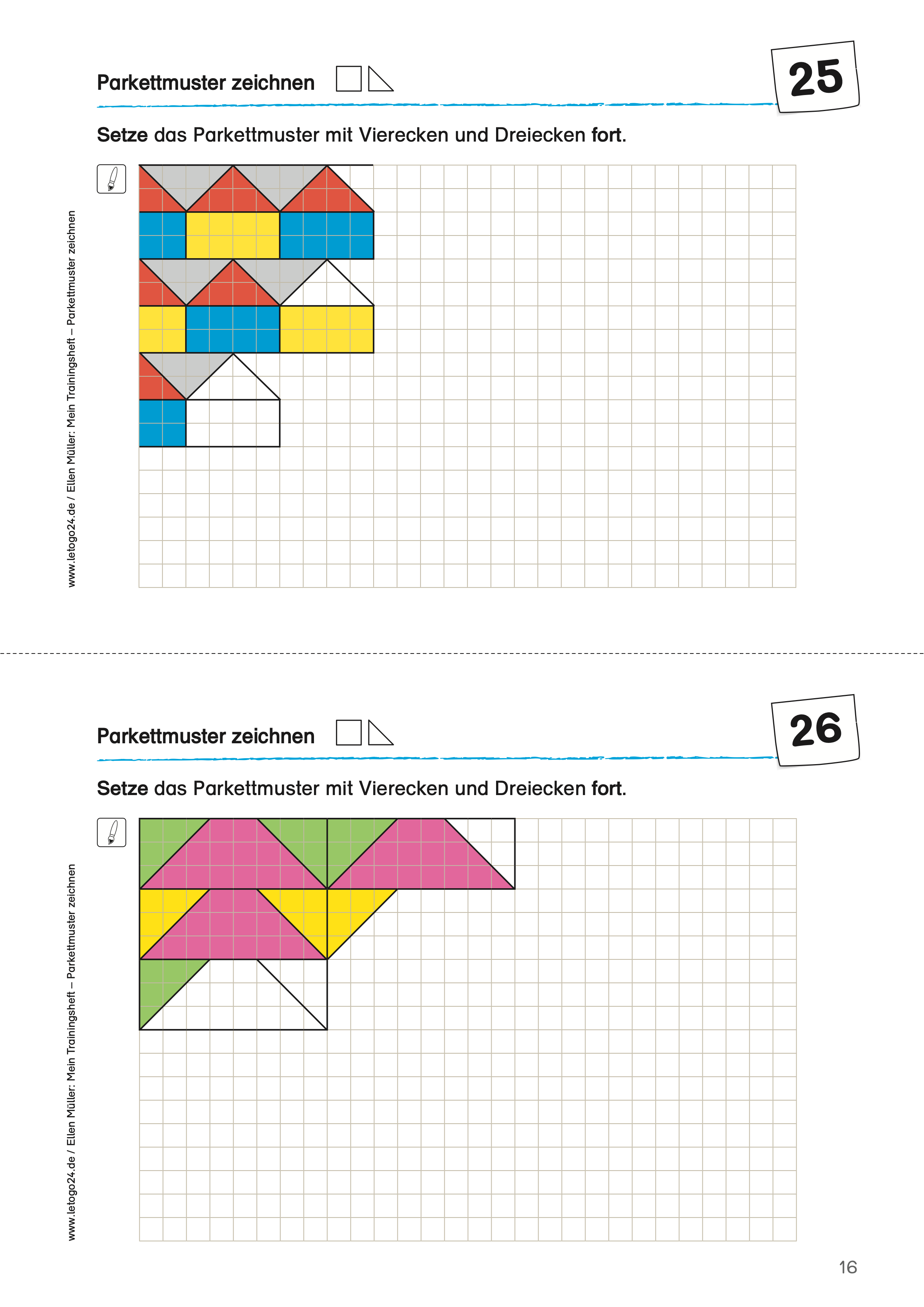 Zweiteiliges Arbeitsblatt „Parkettmuster zeichnen“ für den Geometrieunterricht. Aufgabe 25: Ein buntes Muster aus Vierecken und Dreiecken in Rot, Gelb, Blau und Grau soll auf kariertem Papier fortgesetzt werden. Aufgabe 26: Ein weiteres Parkettmuster aus grünen, gelben und pinken Formen soll fortgesetzt werden. Beide Übungen fördern das Erkennen und Weiterführen von Mustern.