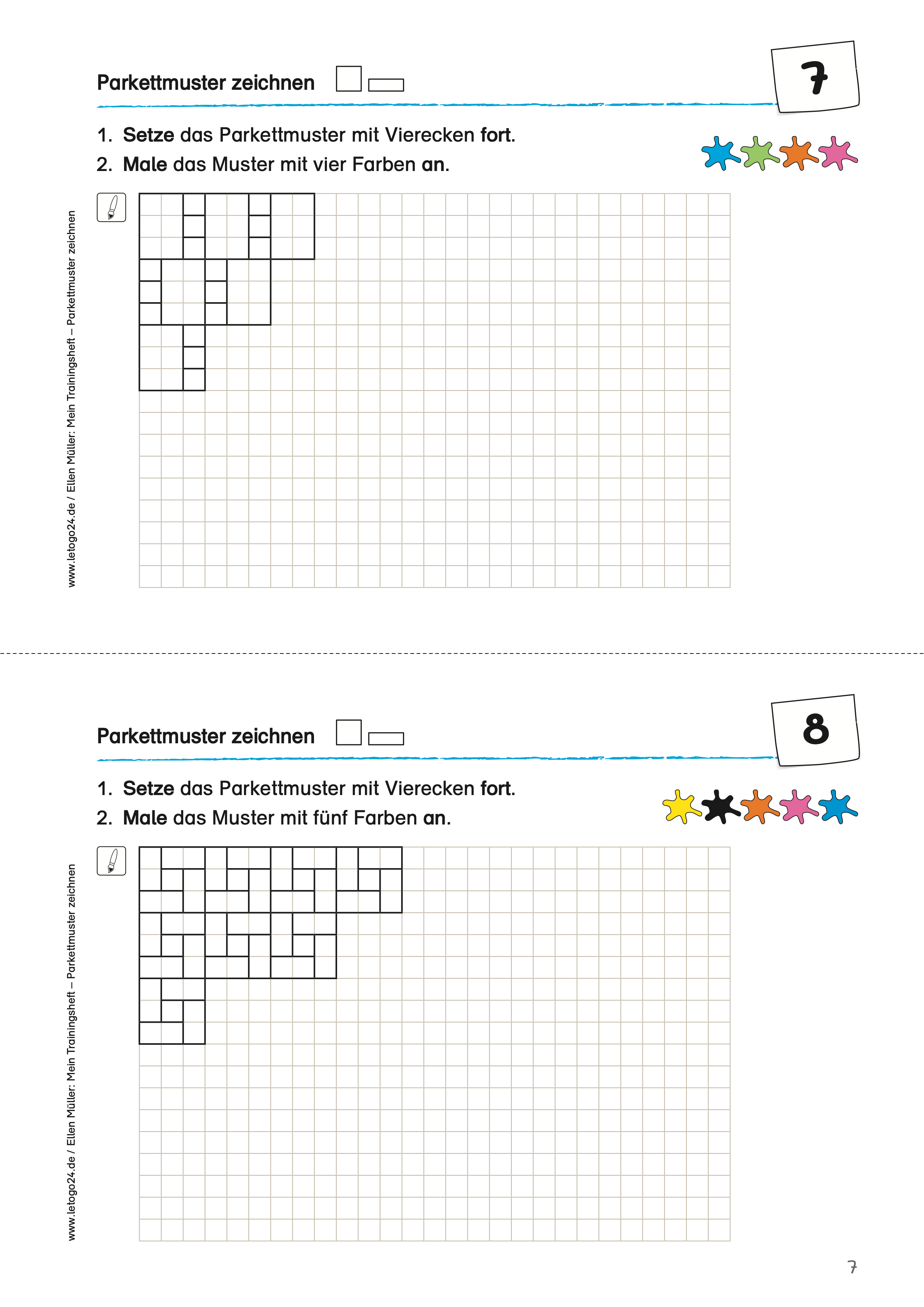Zweiteiliges Arbeitsblatt „Parkettmuster zeichnen“ für den Geometrieunterricht. Zwei  Muster bestehend aus verschiedenen aus Vierecken soll auf kariertem Papier fortgesetzt werden.  Beide Übungen fördern das Erkennen und Weiterführen von Mustern.