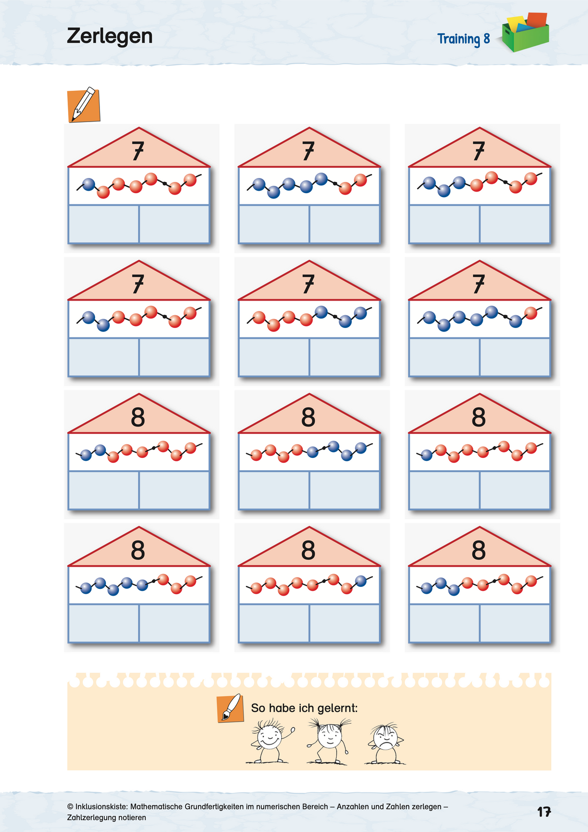 Kostenloses Mathe-Arbeitsblatt zum Zerlegen der Zahlen 7 und 8 mit farbigen Kugelbildern und Zerlegungshäusern für den Anfangsunterricht der Grundschule.