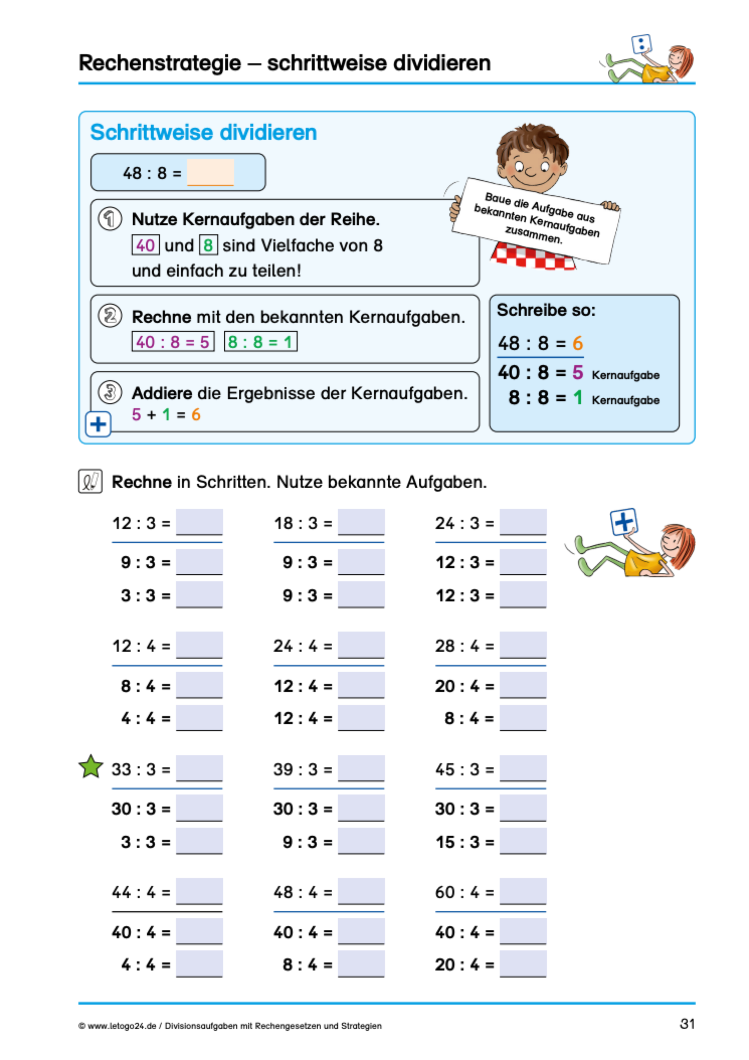 Aufgabenblatt mit Aufgaben und einer Anleitung mit Lösungsschritten zum schrittweisen Dividieren.