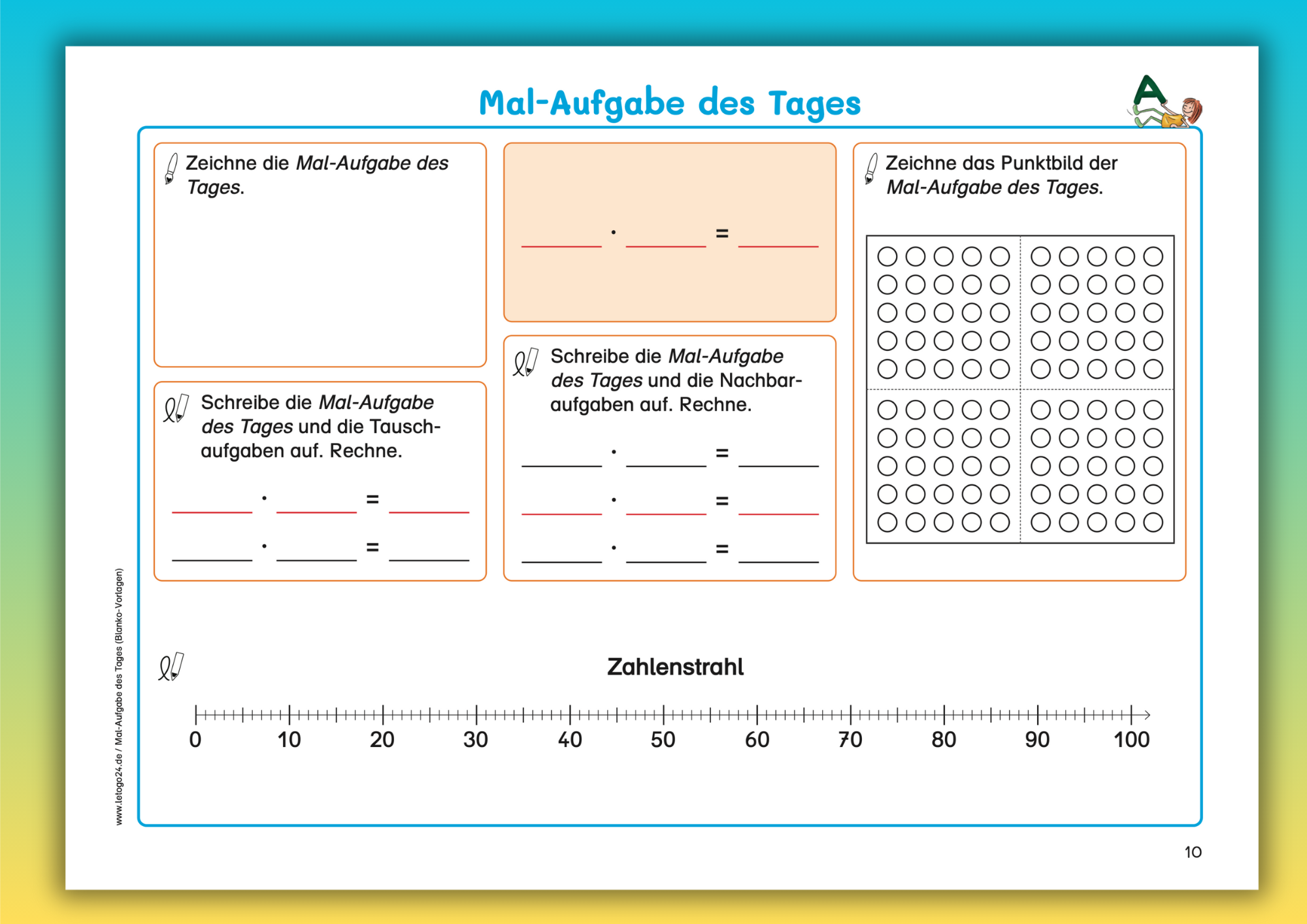 Blanko- Arbeitsblatt A mit der Mal-Aufgabe des Tages mit diversen Aufgabenstellungen wie Zahlenstrahl und einem Blank-Punktfeld.  