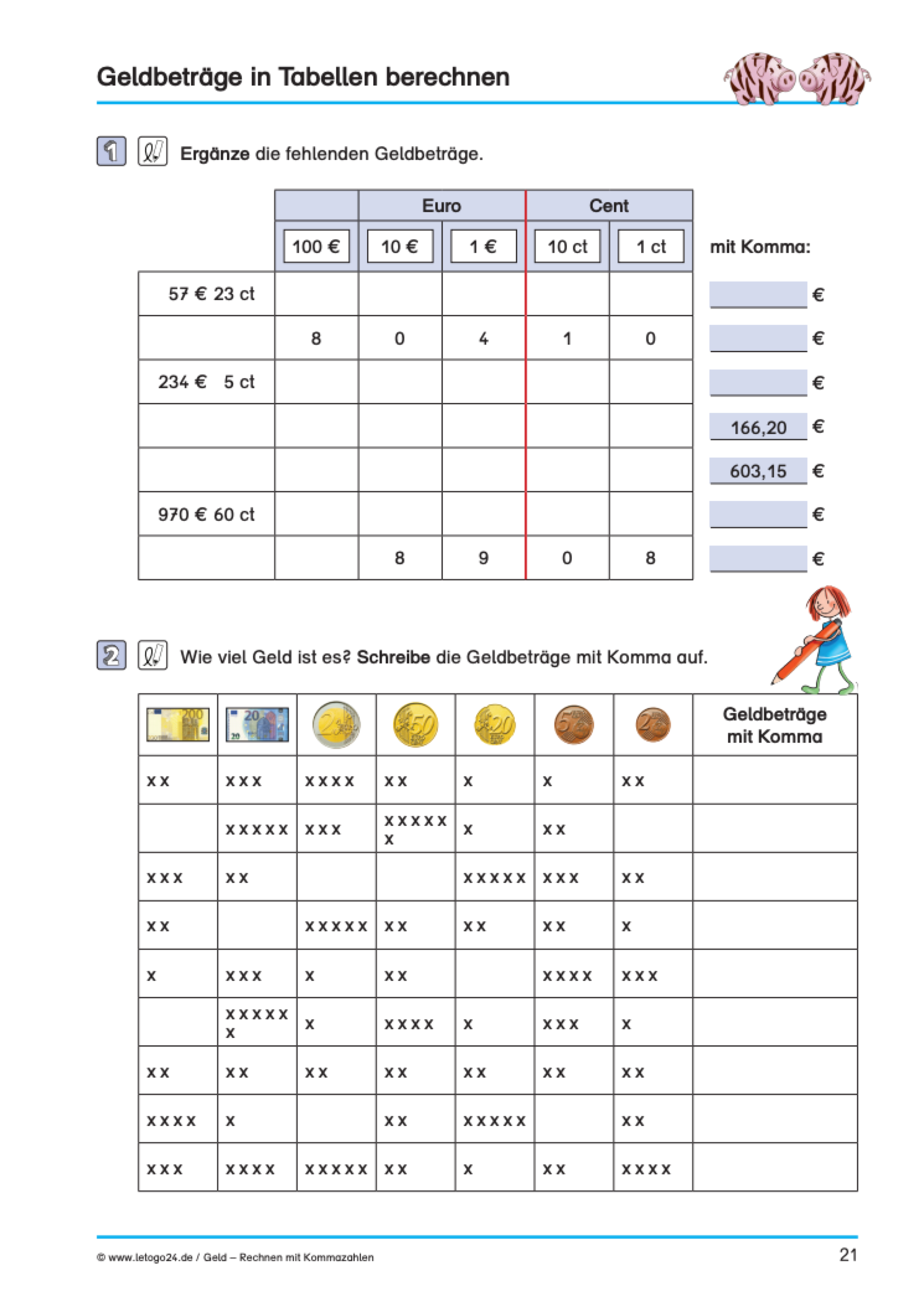 Aufgabenseite für Grundschüler zur Berechnung von Geldbeträgen in Tabellen aus dem E-Book: `Geld – Rechnen mit Kommazahlen`. Oben in der Headline visualisieren zwei Sparschweine den erhöhten Schwierigkeitsgrad der Aufgaben.