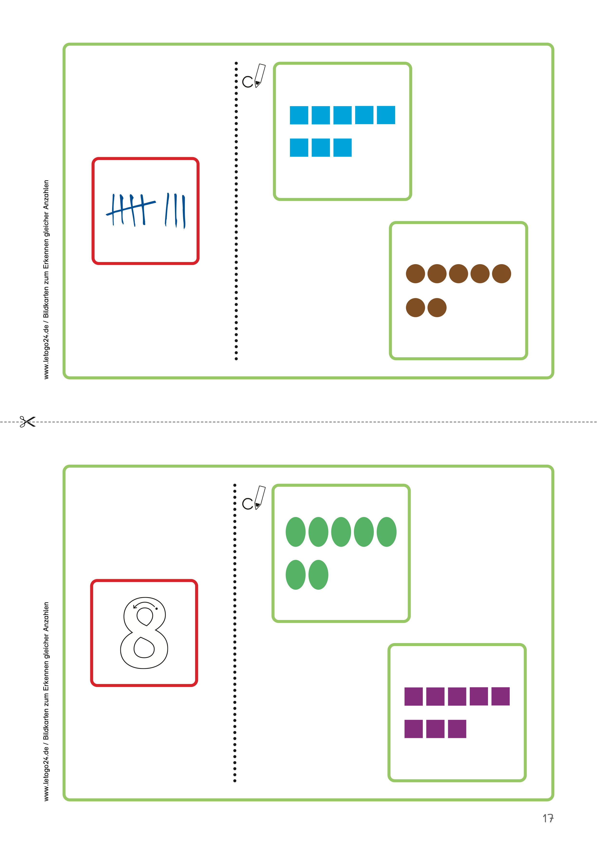 Bildkarte mit zwei Zuordnungsaufgaben zum Erkennen gleicher Anzahlen: oben Strichdarstellungen mit acht Strichen. Zum Erkennen der gleichen Anzahllen rechts acht Vierecke und sieben Punkte. Unten eine Hand mit acht Fingern links sowie zwei unterschiedliche Mengen mit acht und sieben Anzahlen  zum Vergleichen.