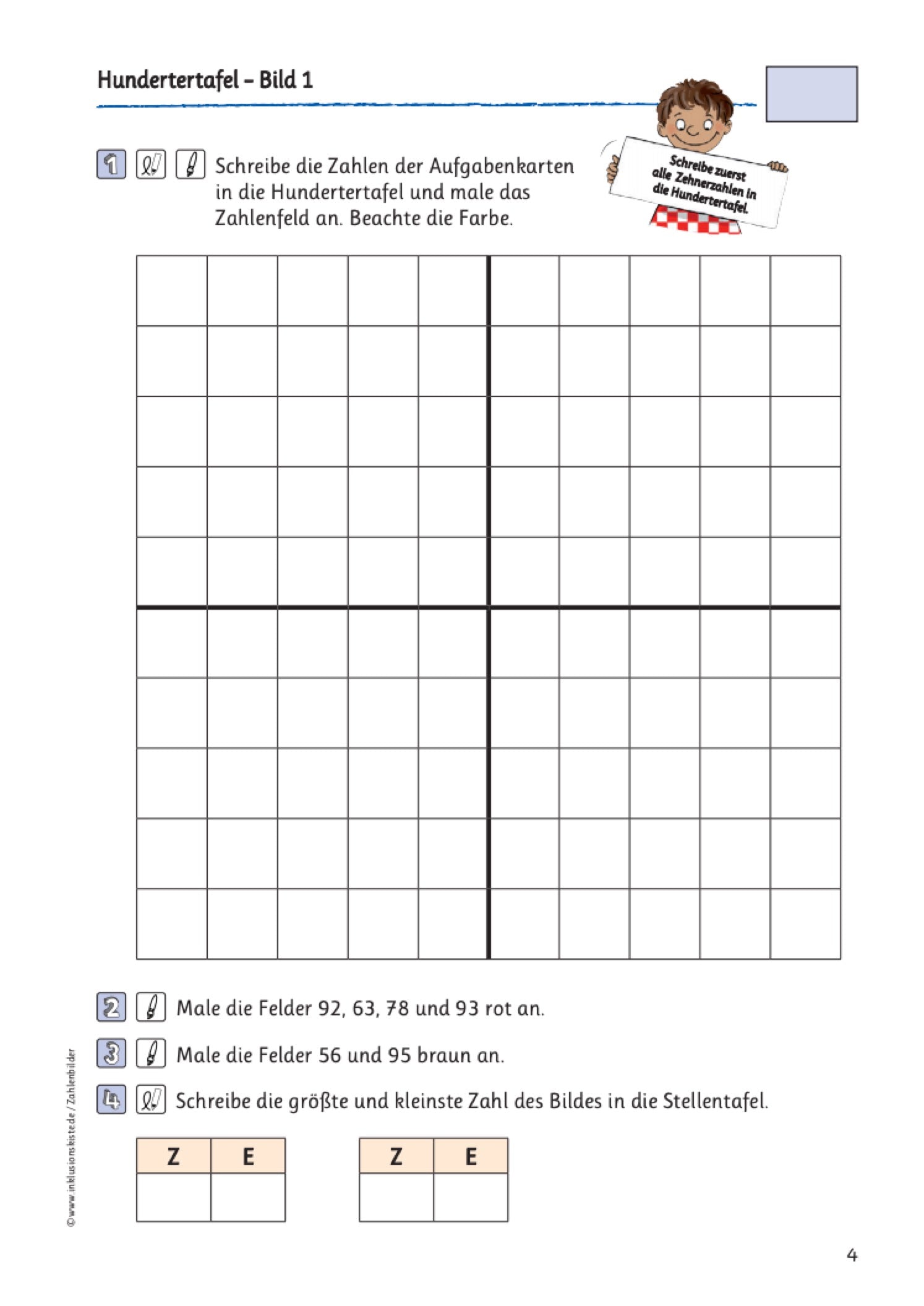 Blanko-Hundertertafel zum Übertragen von Zahlen mittels Aufgabenkarten.