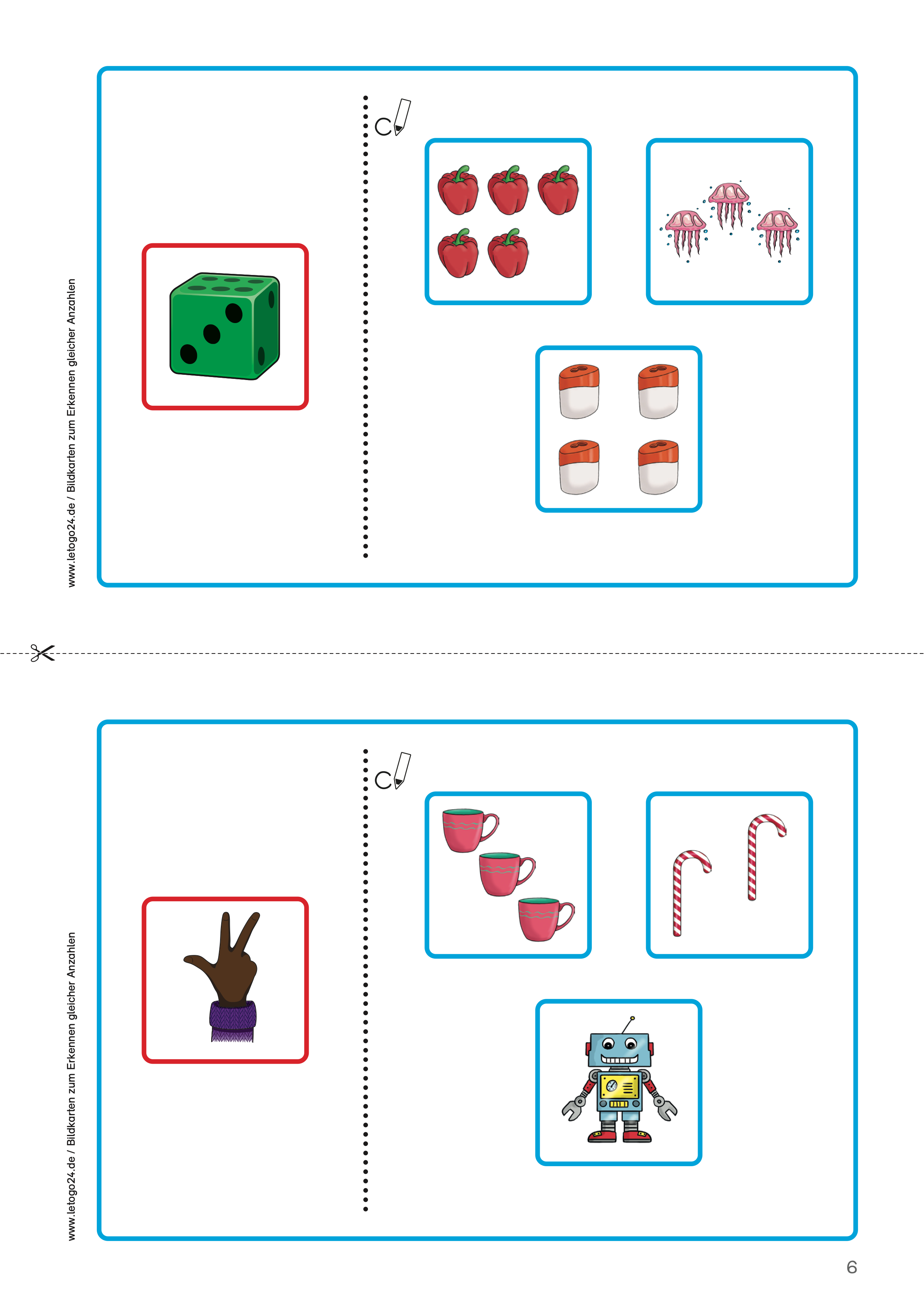 Bildkarte mit zwei Zuordnungsaufgaben zum Erkennen gleicher Anzahlen: oben Würfeln mit drei Punkten. Zum Erkennen der gleichen Anzahlen rechts fünf, drei und vier eingerahmte Mengenabbildungen. Unten eine Hand mit drei Fingern, links unterschiedliche Mengen mit drei, zwei und einer Abbildung zum Vergleichen.