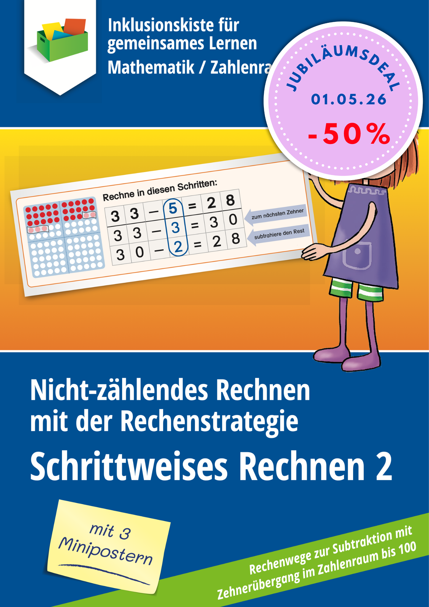 Das dunkelblaue Cover der Inklusionskiste  mit dem Titel 'Nicht-zählendes Rechnen mit der Rechenstrategie – Schrittweises Rechnen 2' zeigt eine Illustration eines Kindes mit einem Poster zur Rechenstrategie: Schrittweise Rechnen. Auf dem Poster wird die Aufgabe 33 - 5 in den Zwischenschritten 33 - 3 = 30 und 30 - 2 = 28  dargestellt. Ein Punktfeld mit roten und blauen Punkten veranschaulicht den Zehnerübergang. Unten auf dem Cover befindet ein Post mit dem iHinweis: 'mit 3 Minipostern'. 