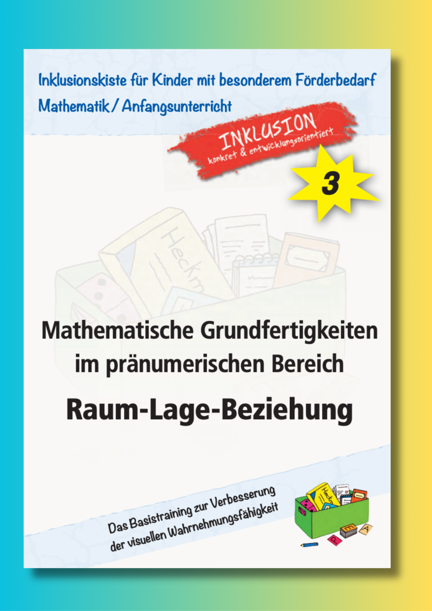 Cover des E-Books `Raum-Lage-Beziehung` mit dem Verlagslogo der Inklusionskiste als Wassserzeichen im Hintergrund.