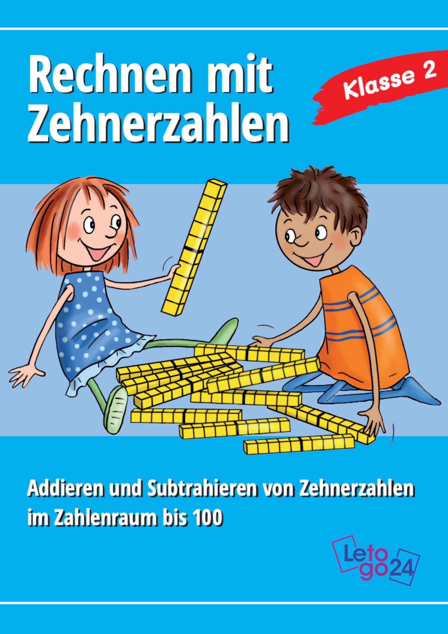 Cover  des E-Books: "Rechnen mit Zehnerzahlen " von Jens Sonnenberg. Zwei Kinder sitzen am Boden und interagieren mit mathematischen Blöcken. Das Mädchen hält eine gelbe Zehnerstange in der Hand - der Junge hat mehrere gelbe Zehner-Stangen vor sich. Der Untertitel heißt "Addieren und Subtrahieren von Zehnerzahlen im Zahlenraum bis 100".