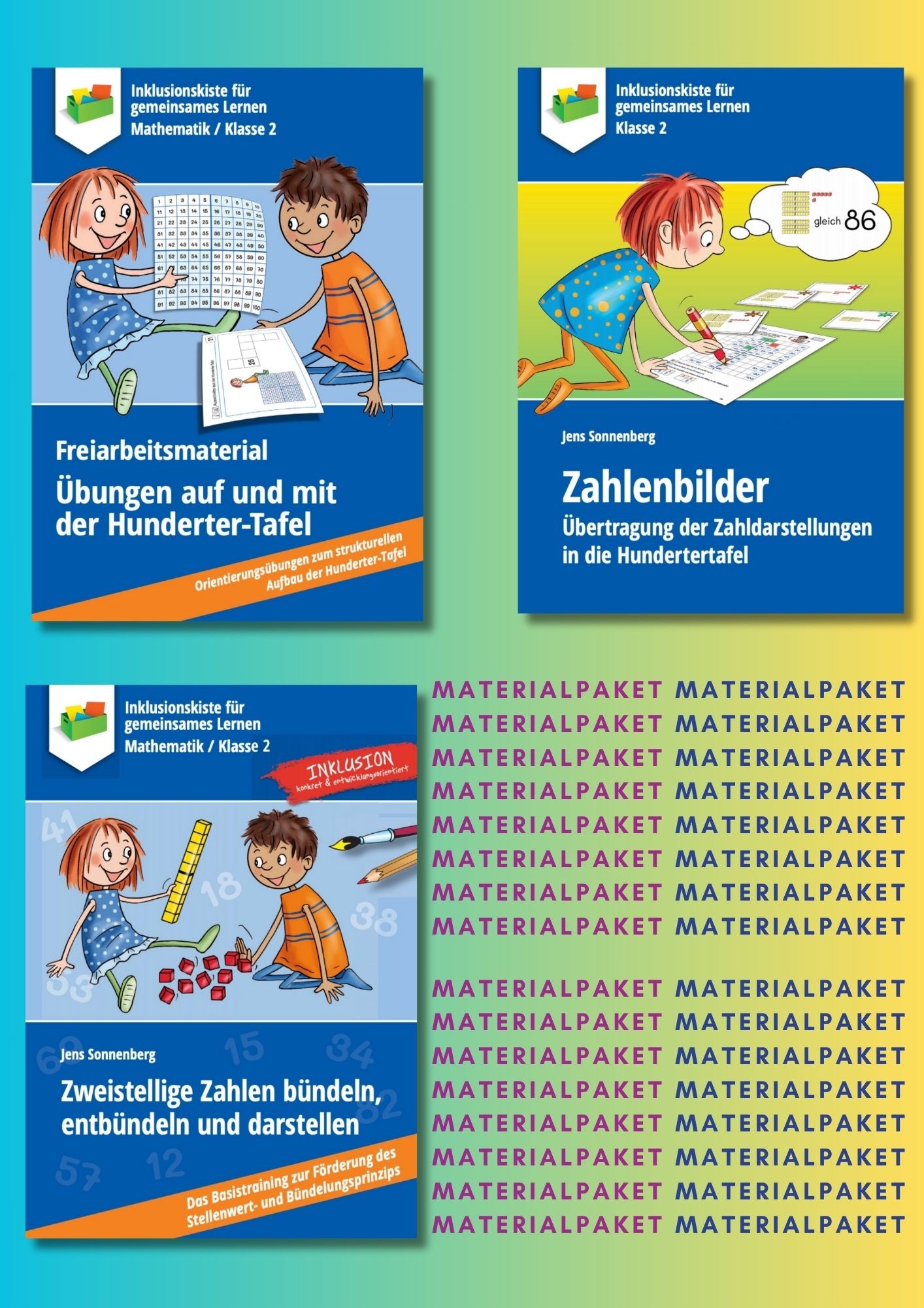 Cover des Materialpaketes: `Bündeln, Hundertertafel & Co.`; zeigt drei Abbildungen der enthaltenen E-Books.