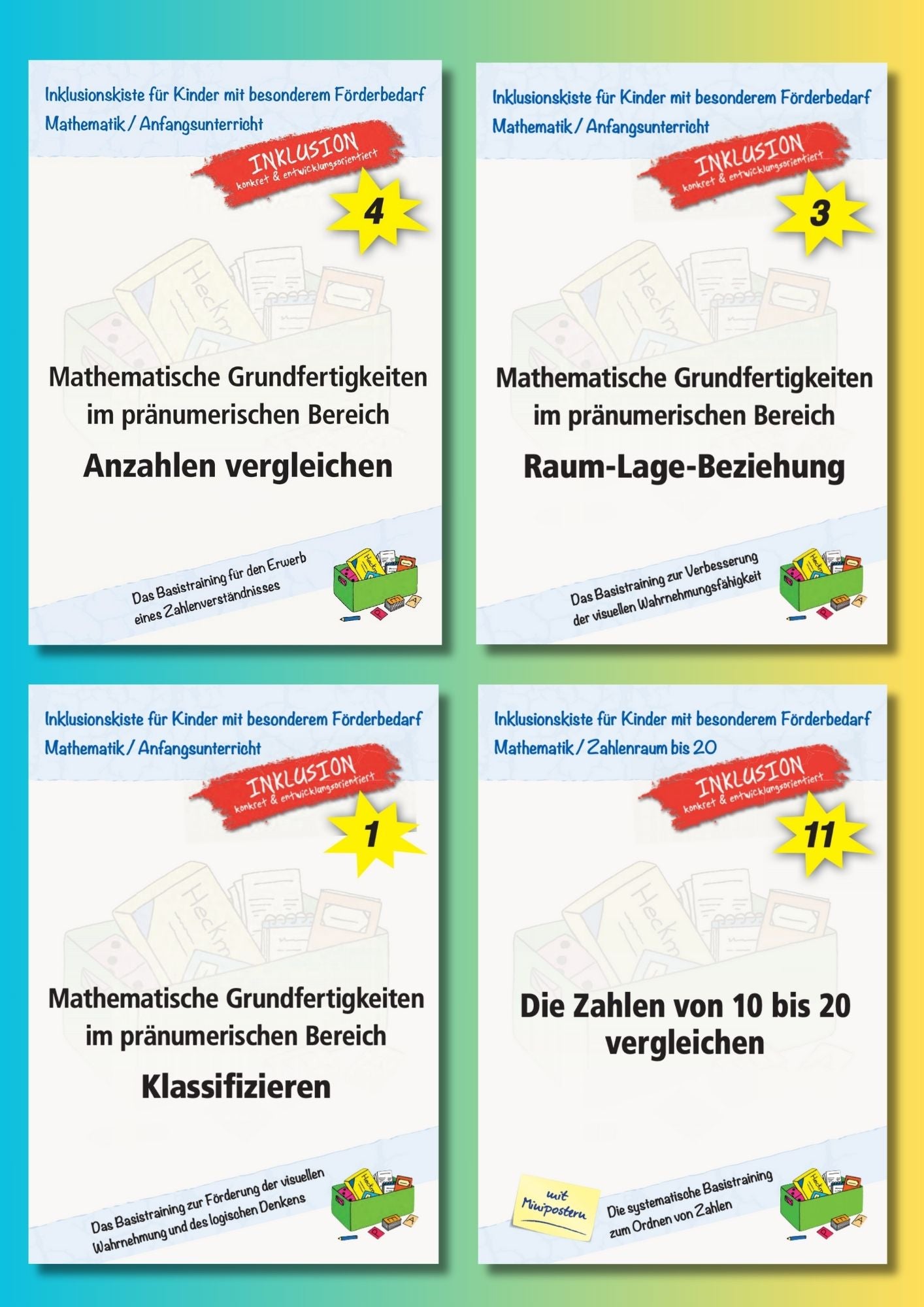 Cover des Materialpaketes: `Mathematische Grundfertigkeiten`; zeigt vier  Abbildungen der enthaltenen E-Books.