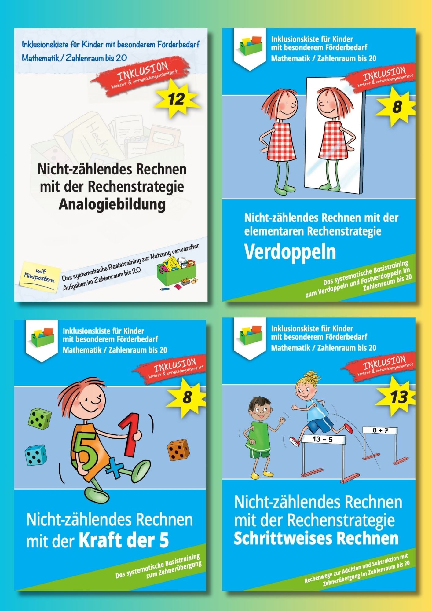 Cover des Materialpaketes: `Nicht-zählendes Rechnen mit Rechenstrategien`; zeigt vier Abbildungen der enthaltenen E-Books.
