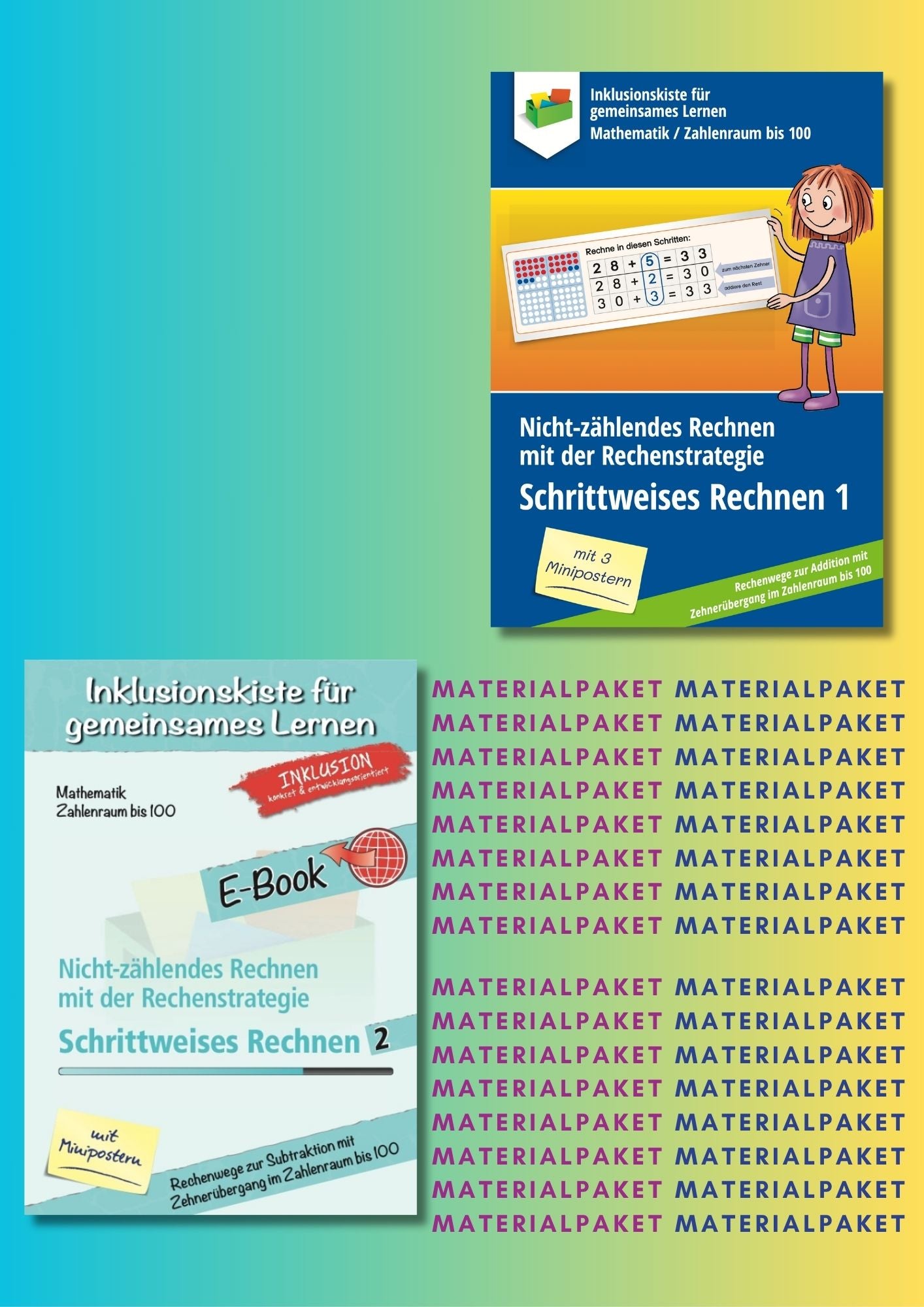 Cover des Materialpaketes: "Schrittweise Rechnen" mit zwei im Paket enthaltenen Covern.