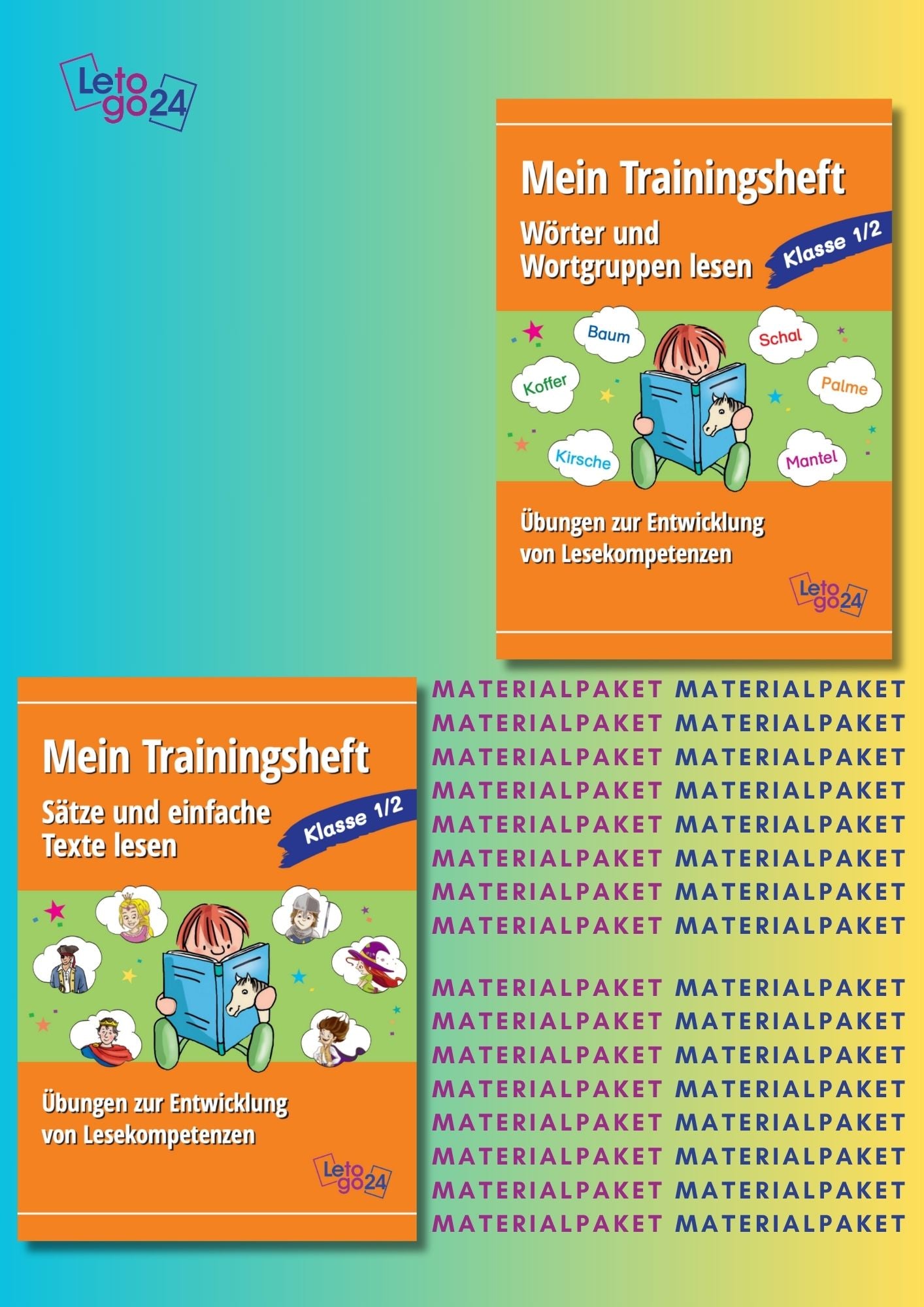 Cover des Materialpakets ‚Trainingshefte Lesen‘; zeigt zwei Abbildungen der enthaltenen E-Books.

