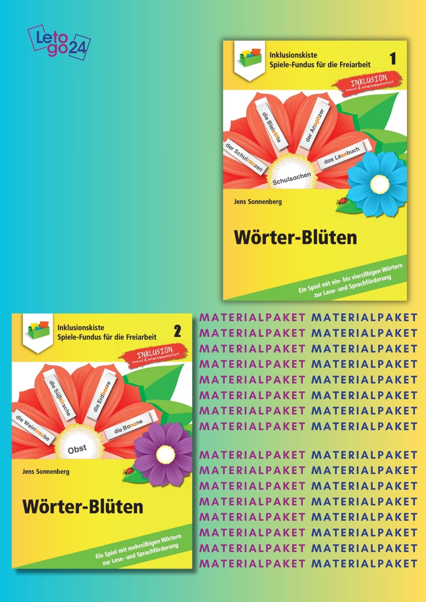 Cover des Materialpaketes: `Wörter-Blüten 1 & 2` mit zwei gelben Covern auf denen jeweils eine mit Wörtern belegte Wörter-Blüte abgebildet ist. 