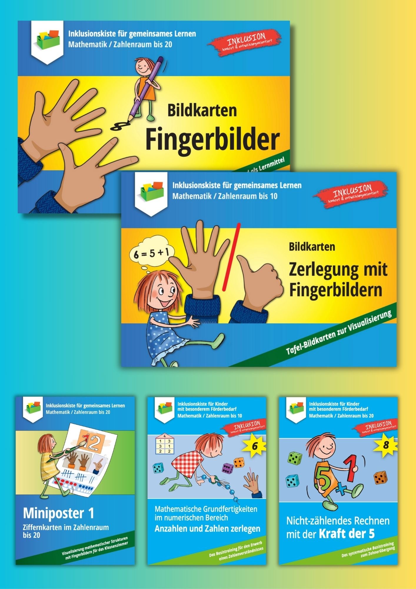 Cover des Materialpaketes: `Zahlen mit Fingerbildern begreifen` mit fünf farbigen Covern der im Paket enthaltenen E-Books der Inklusionskiste.
