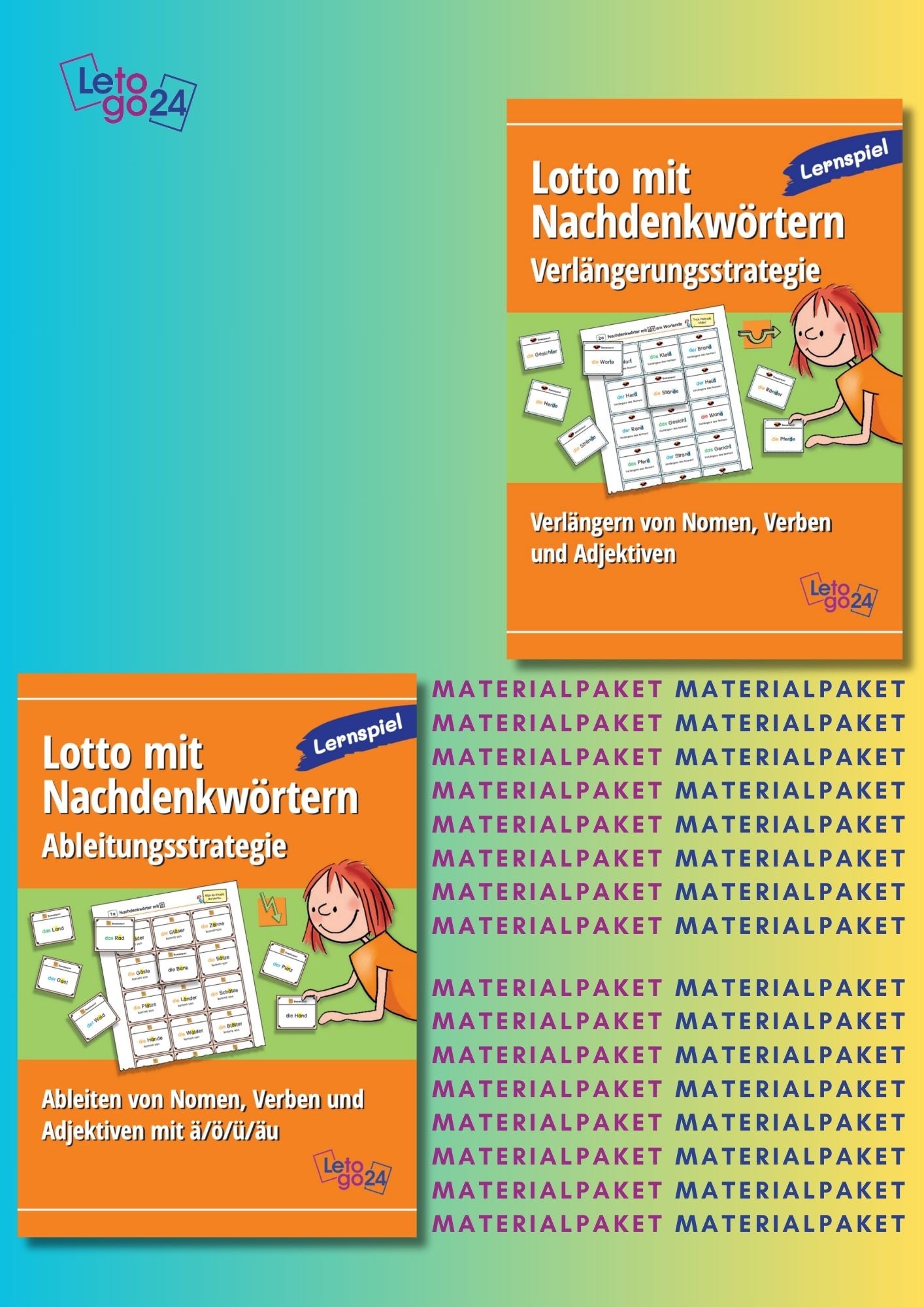 Cover des Materialpakets "Rechtschreib-Lottospiele‘" mit zwei farbenfrohen Titelbildern der enthaltenen E-Books.